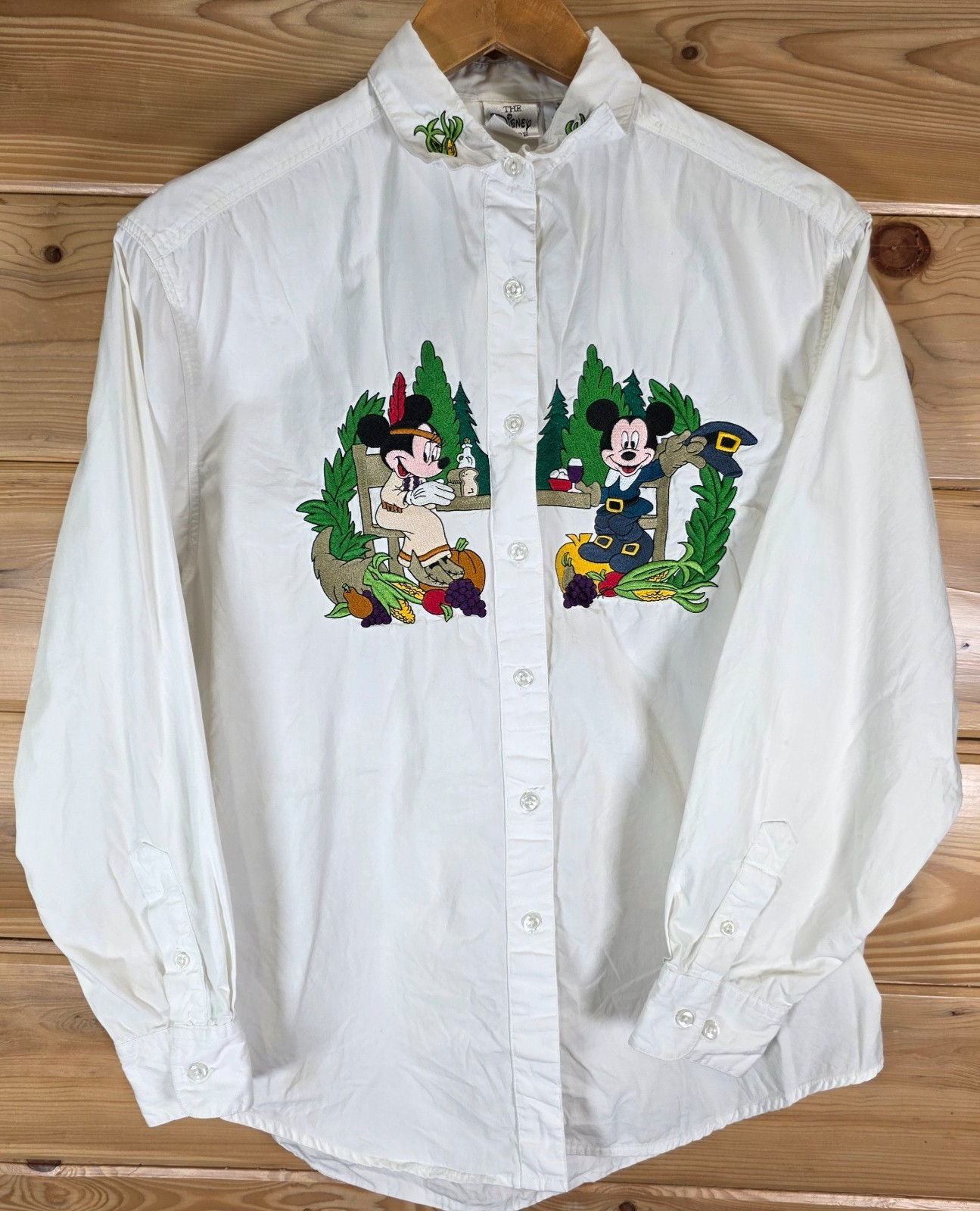 VTG Disney Store Mickey Minnie Embroidered Thanksgiving Shirt Medium 90s Rare