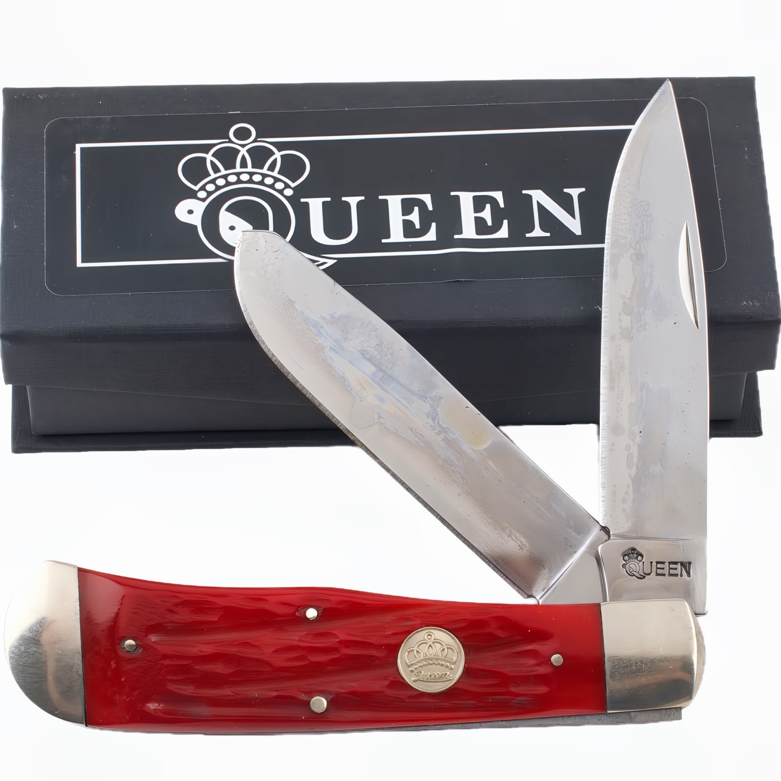 Queen Cutlery Big Boy Trapper Folding Knife Red Jigged Bone 1065 Carbon Steel
