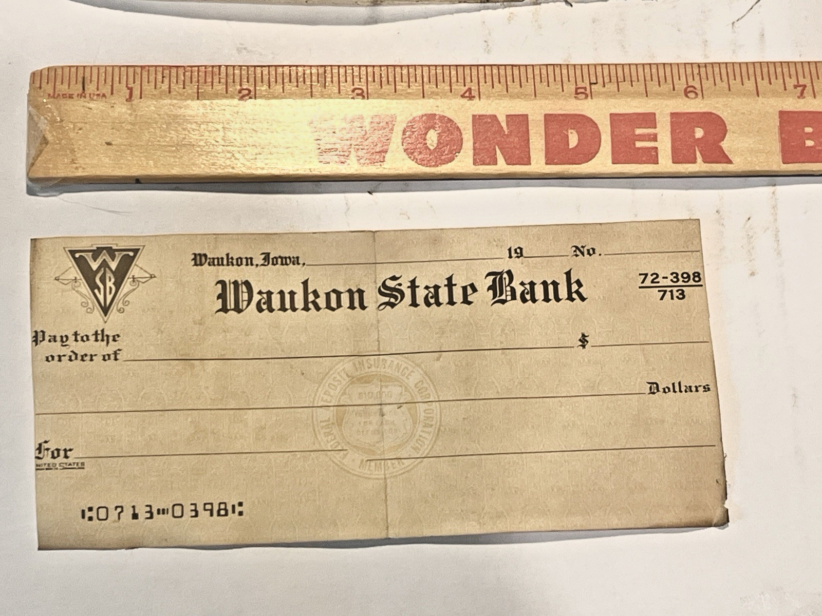 Waukon Iowa, Vintage Waukon State Bank Blank Check