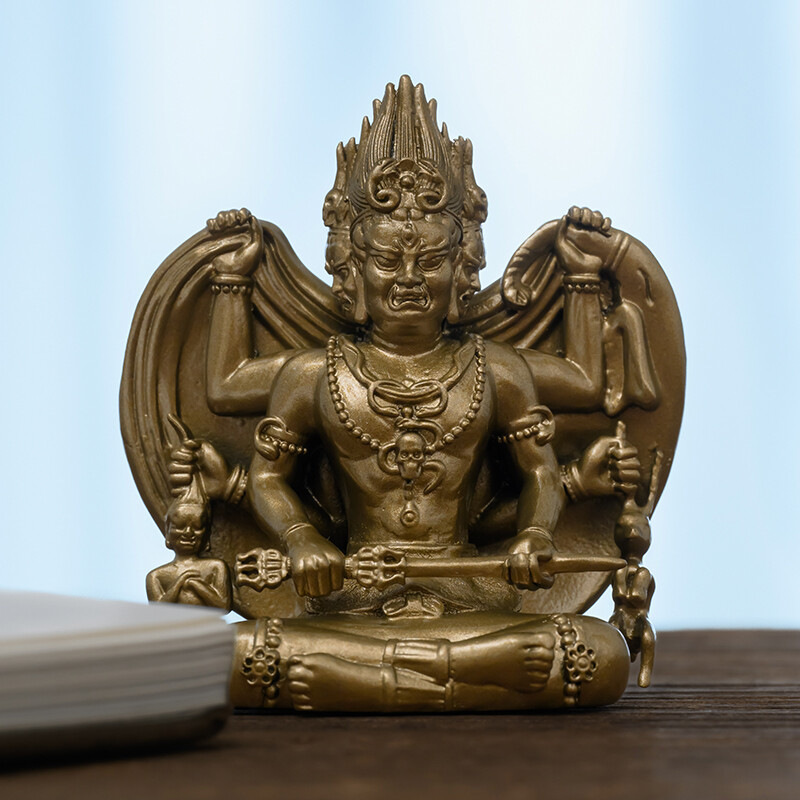 Handmade Three-Faced Daikokuten Brass Statue Vintage Craft Home Decor Gift