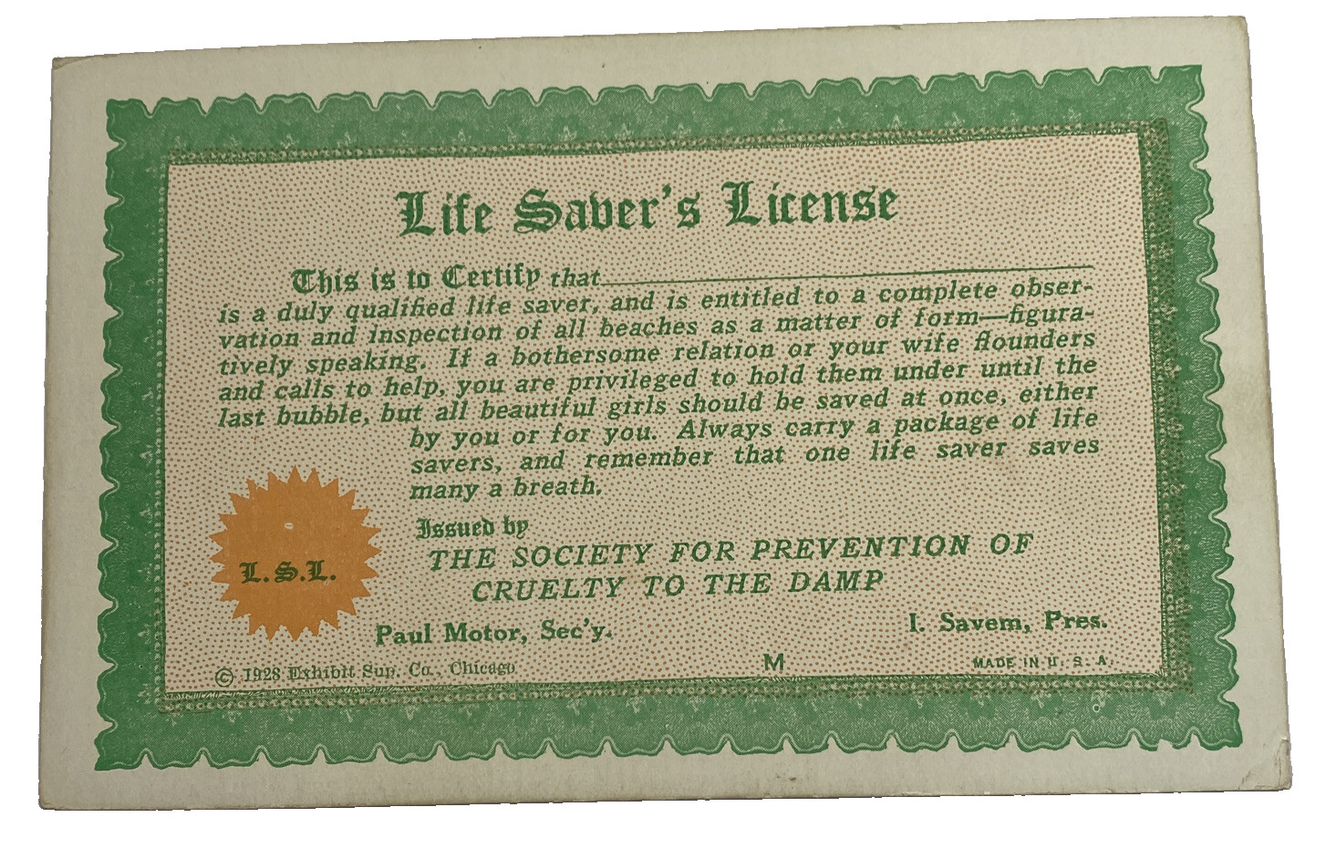 Beautiful Girl Life Saver\'s License~ Antique 1920s Postcard