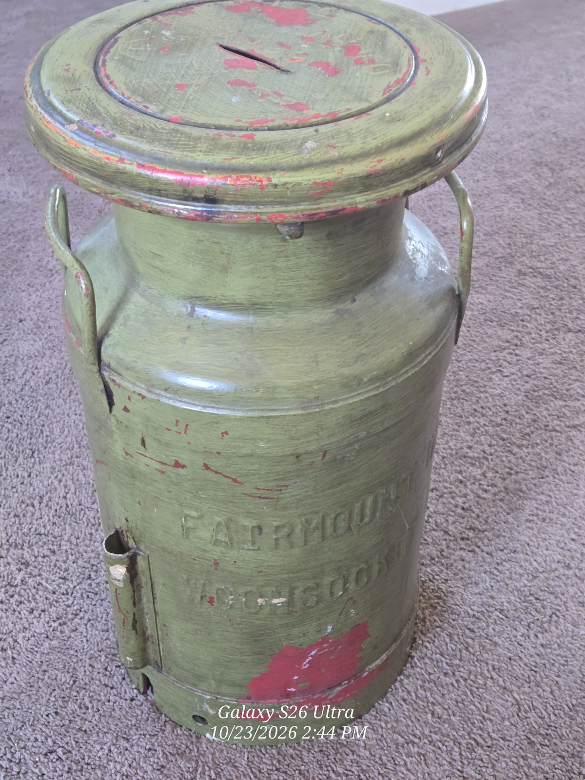 Vintage Green Metal Milk Can Bottle w/ Lid & Farmhouse Decor Bank Conversion 