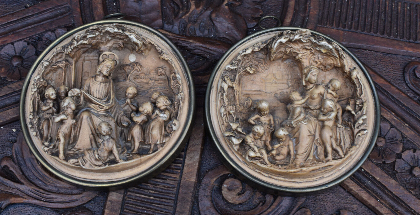 PAIR antique pipe clay relief medaillons plaques relief christ mary scenes PAIR antique pipe clay relief medaillons plaques relief christ mary scenes