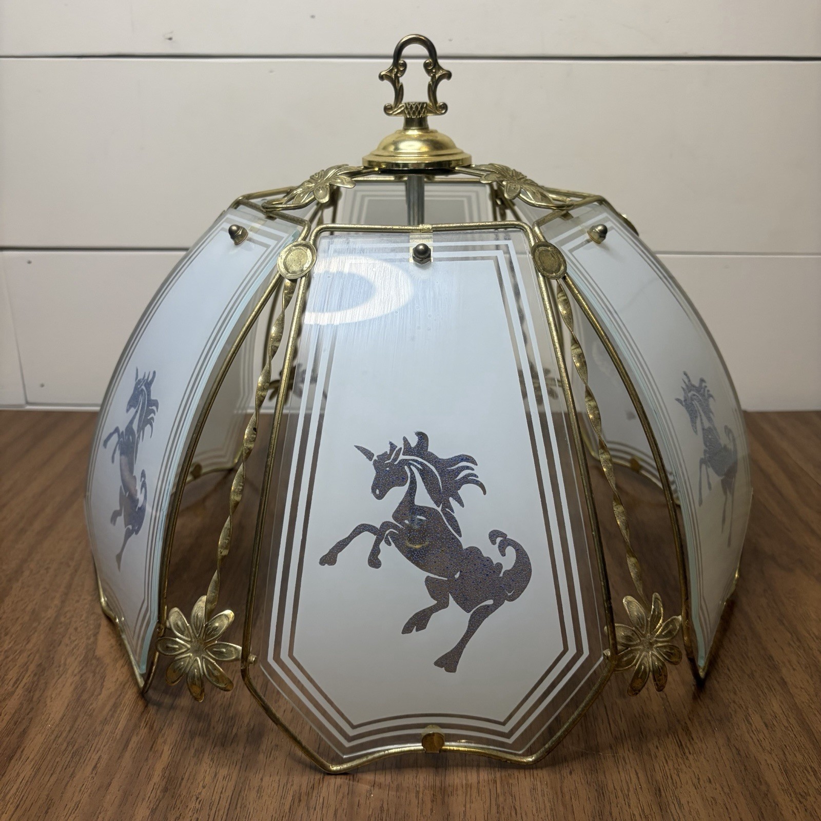 Unicorn Glass Lamp Shade 15.5” Blue Glitter Gold Metal 6 Panel Vintage Finial