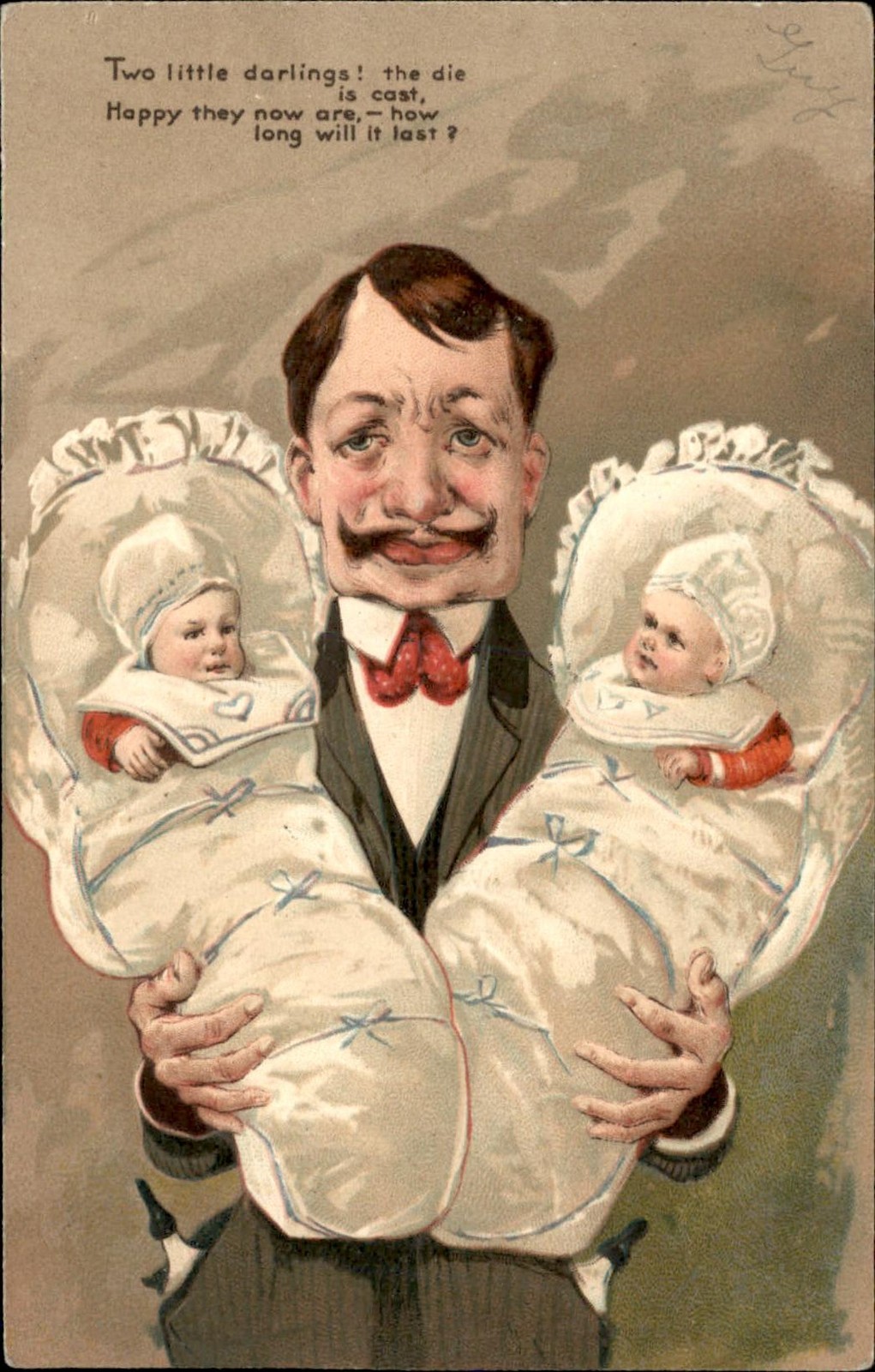 Comic man with twin babies Humor PAF c1900s-10s Vintage Postcard