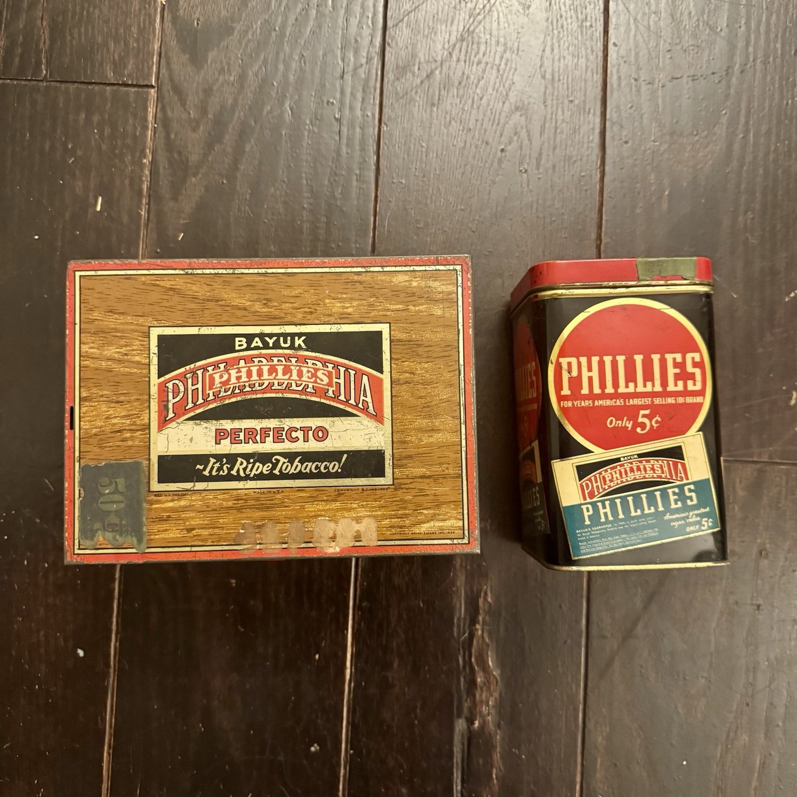 Vtg Bayuk Phillies Cigar Tin Box Philadelphia 5 Cent Perfecto Metal Tobacciana