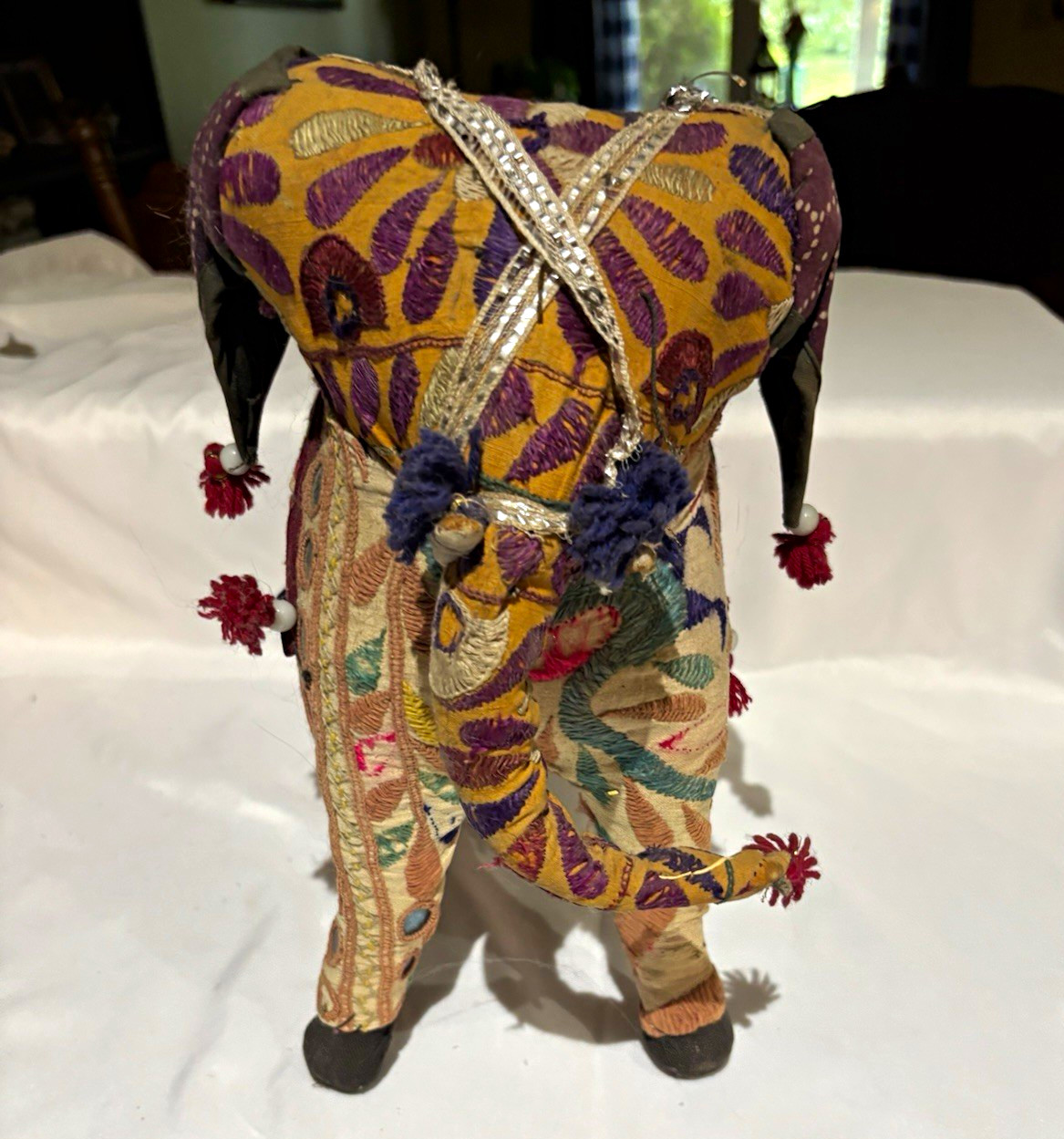 Vintage Embroidered Indian Fabric Patchwork Elephant Figurine with Tassels