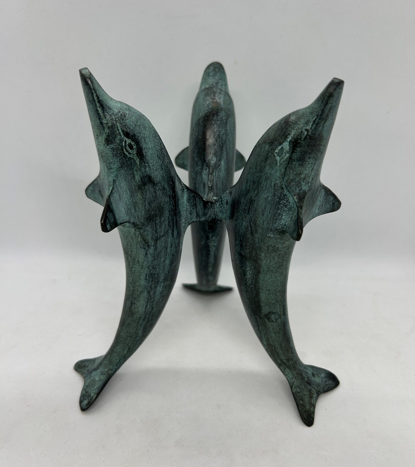Vintage Three Dolphin Bronze/Brass Sculpture w/ Verdigris Patina - 6