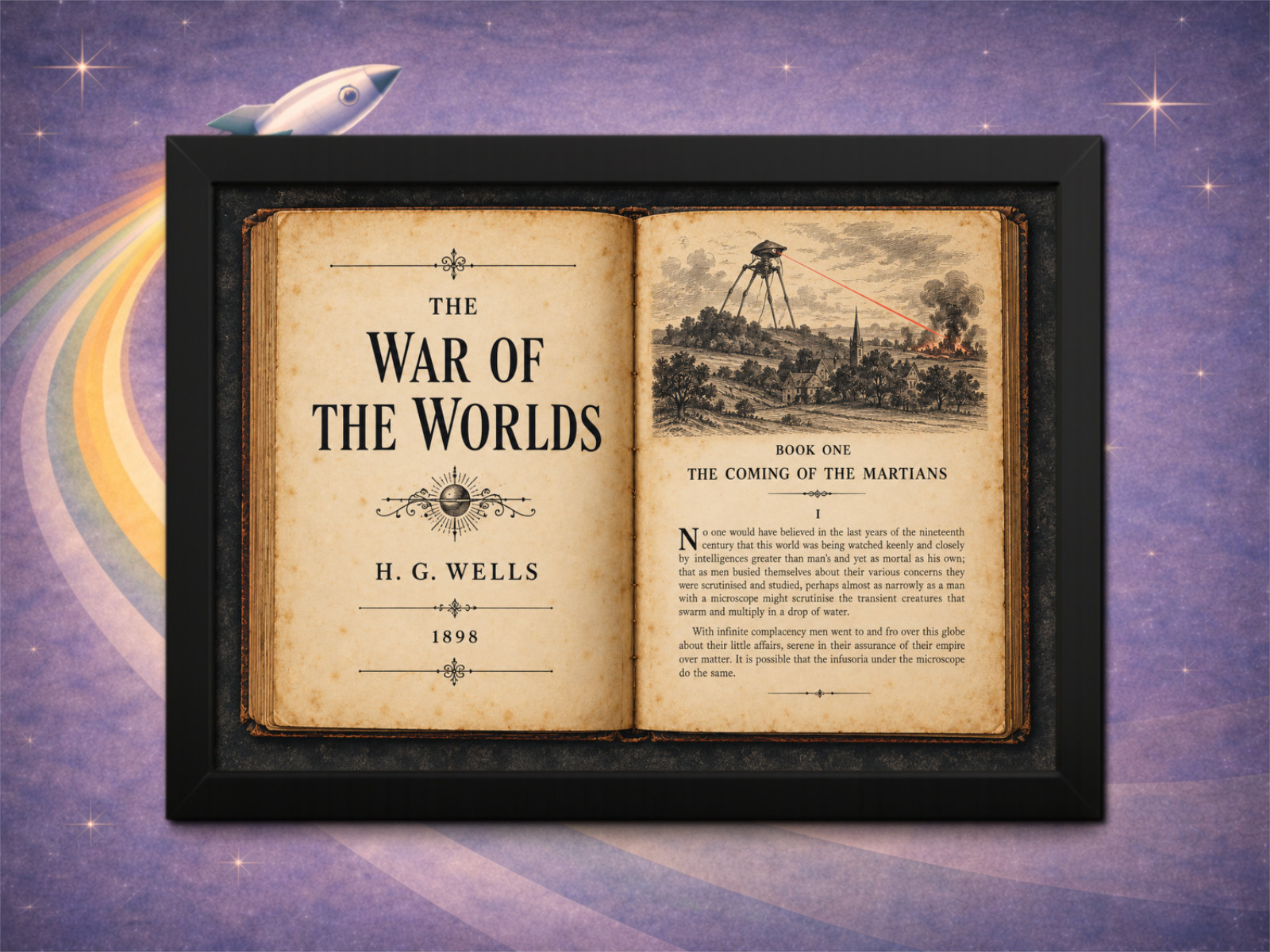 Framed War of the Worlds H G Wells Sci-Fi Book Art Martian Tripod 12x8