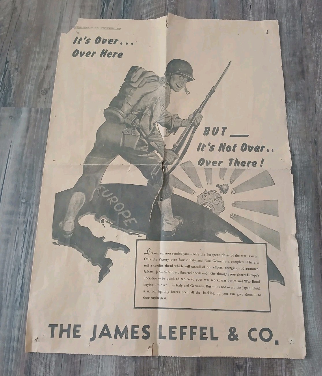 Original Springfield News & Sun Ohio WWII Paper War Poster 1945 James Leffel Co.