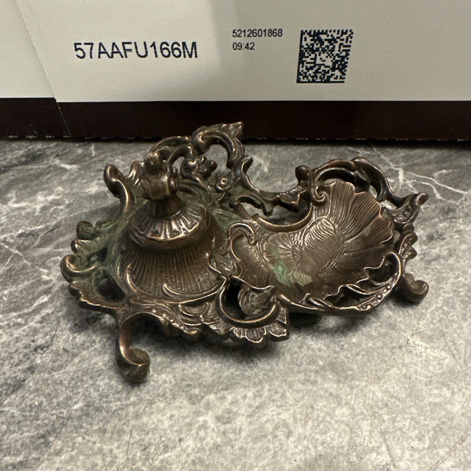 VTG Ornate Metal Inkwell Inkstand w/ Hinged Lid, Pen Rest & Decorative Motifs