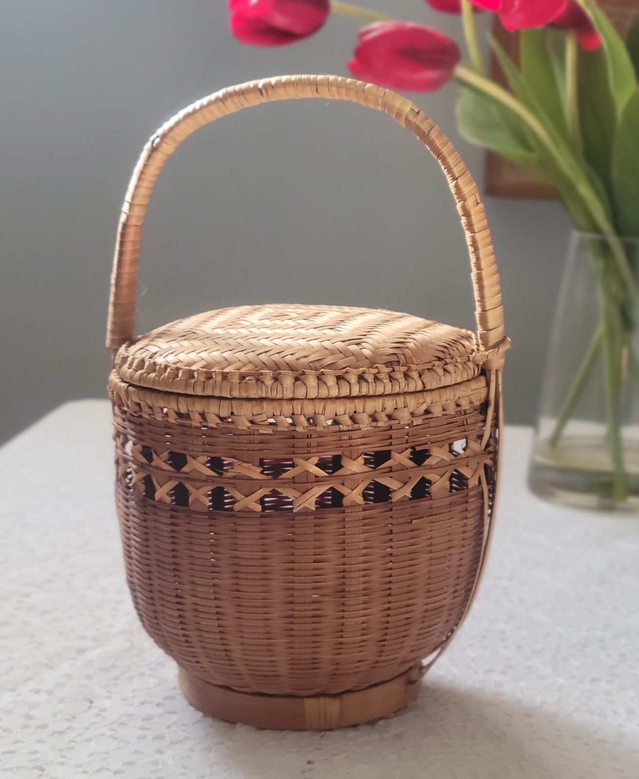 Vintage Handwoven Bamboo Wicker Lidded Basket w Arched Handle 10-1/2