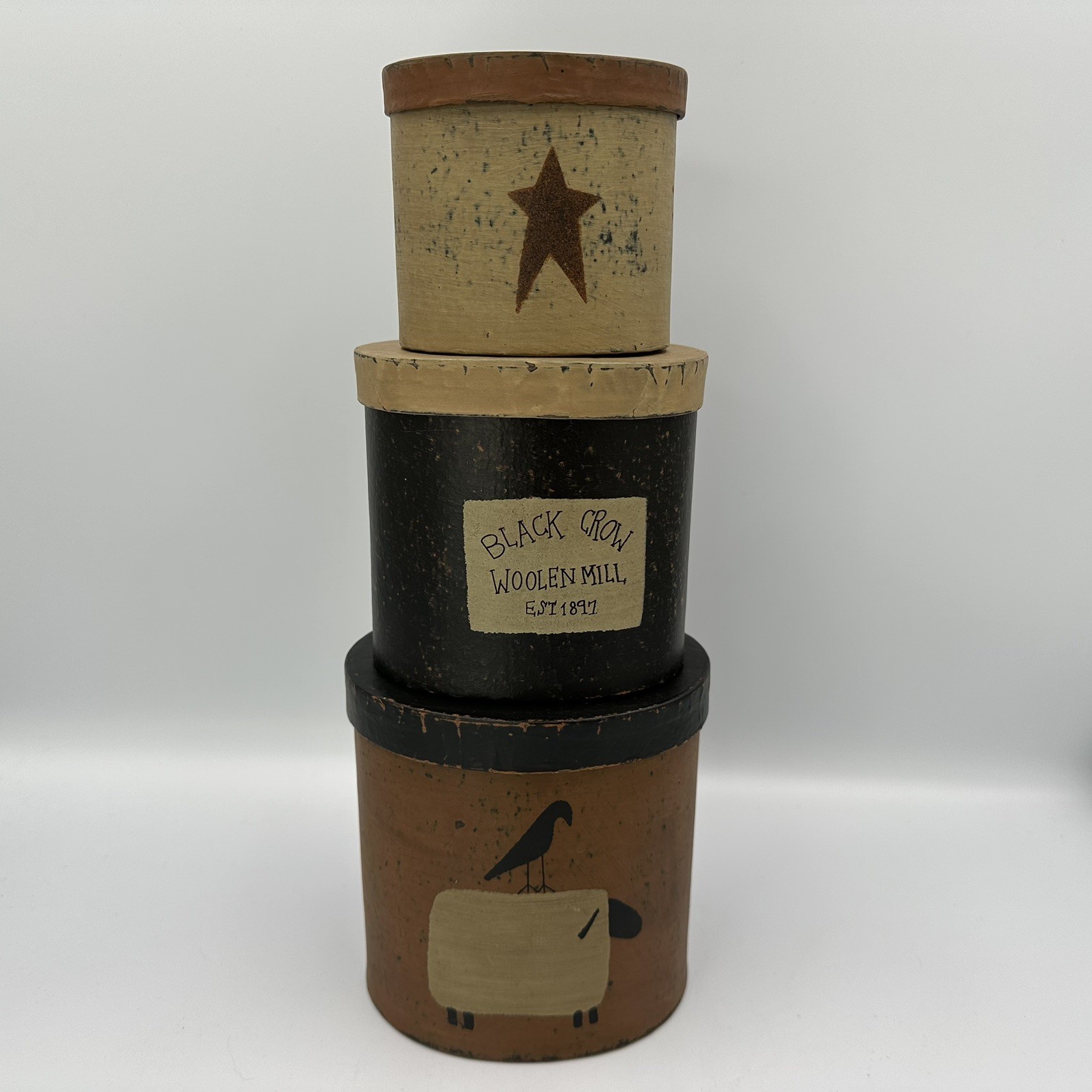 Nesting Boxes Folk Art Set/3 Primitive Farmhouse Crow/Sheep/Star Autumn Decor