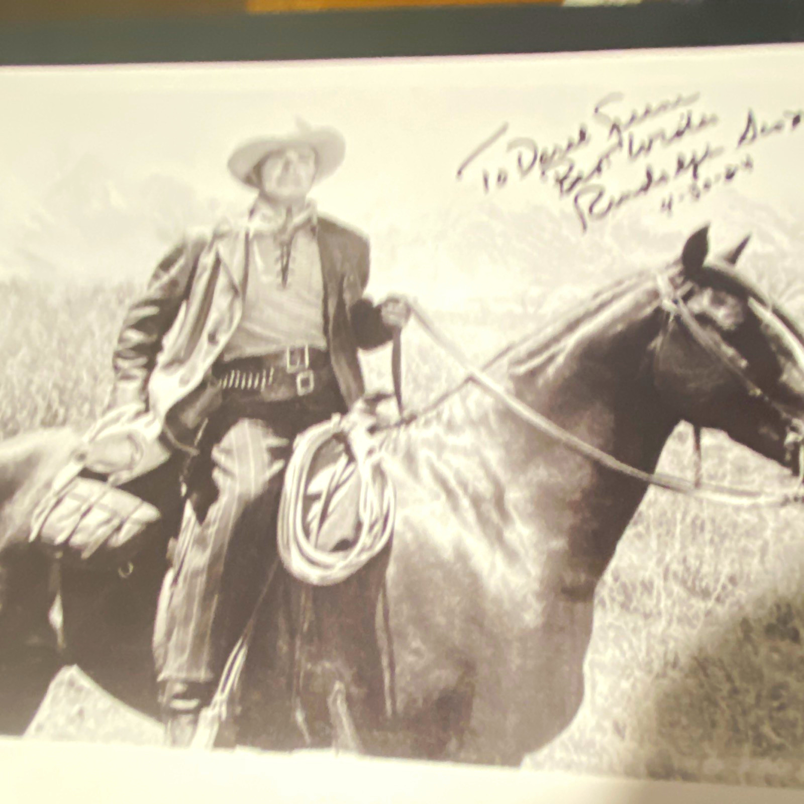 Randolph Scott Signed Inscribed B&W Western Cowboy on Horse Photo, Landscape Randolph Scott Signed Inscribed B&W Western Cowboy on Horse Photo, Landscape