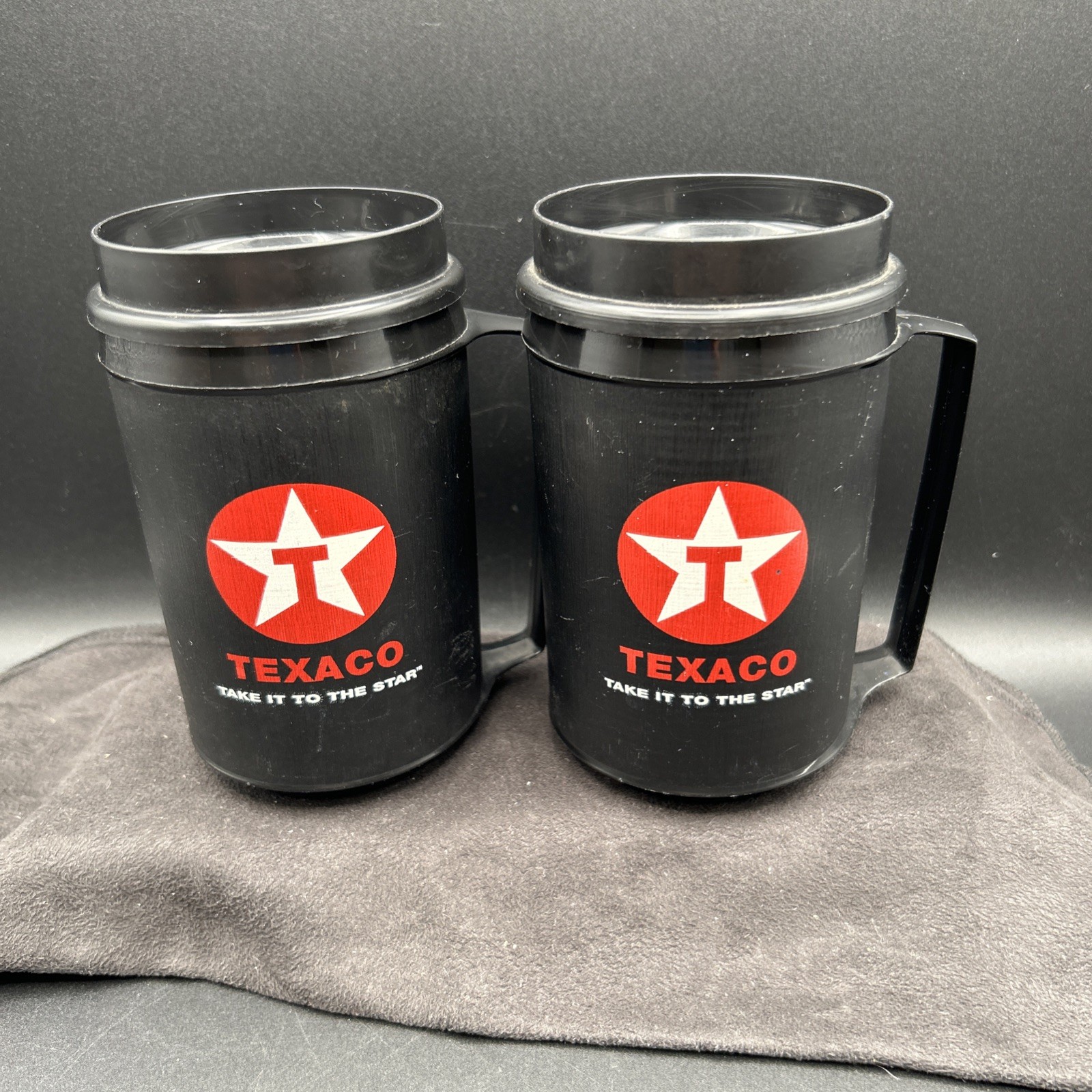Vtg 2 Texaco Travel Mugs Take It To The Star Aladdin Insulated Cups Lot