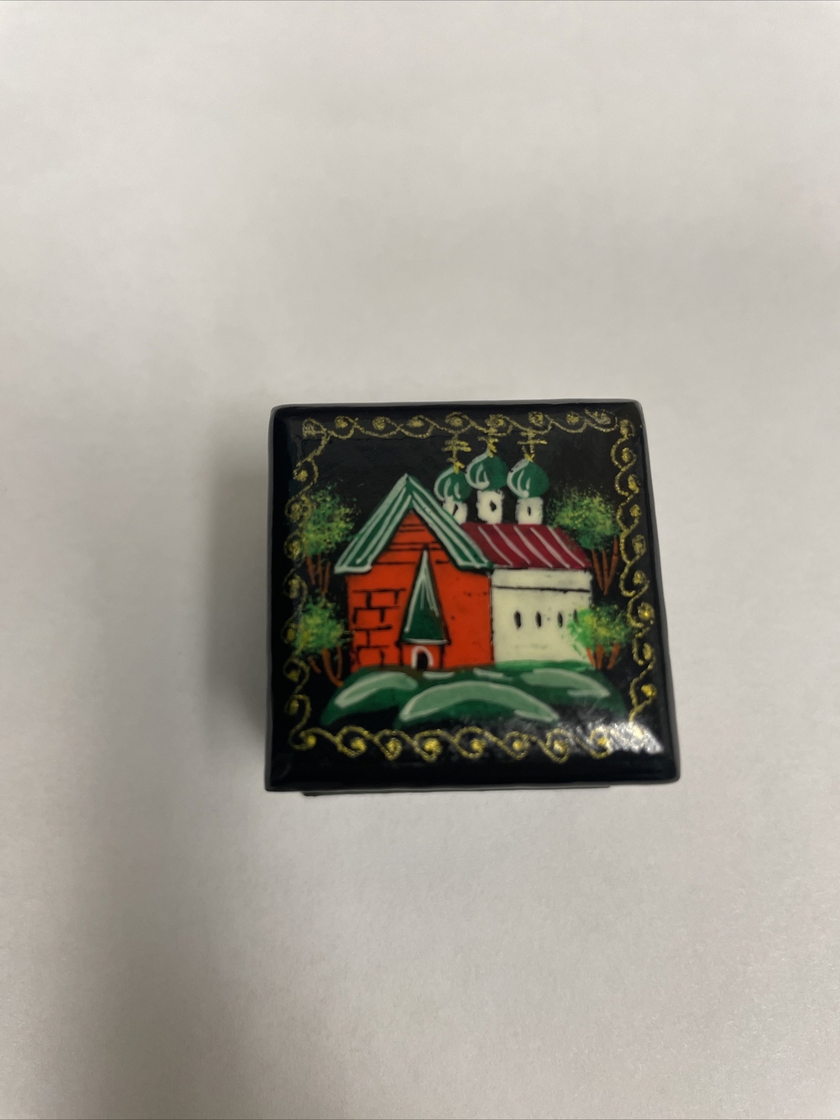 Vintage Miniature Russian Lacquer Black Hand Painted Trinket Box Red Interior Vintage Miniature Russian Lacquer Black Hand Painted Trinket Box Red Interior