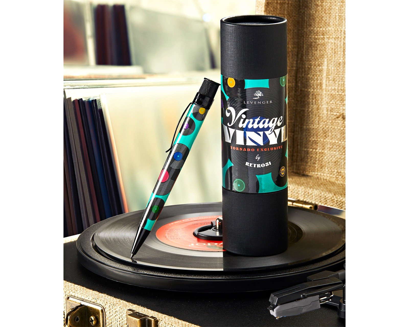 Levenger Vintage Vinyl Records Ballpoint Click Pen Metal Black Ink