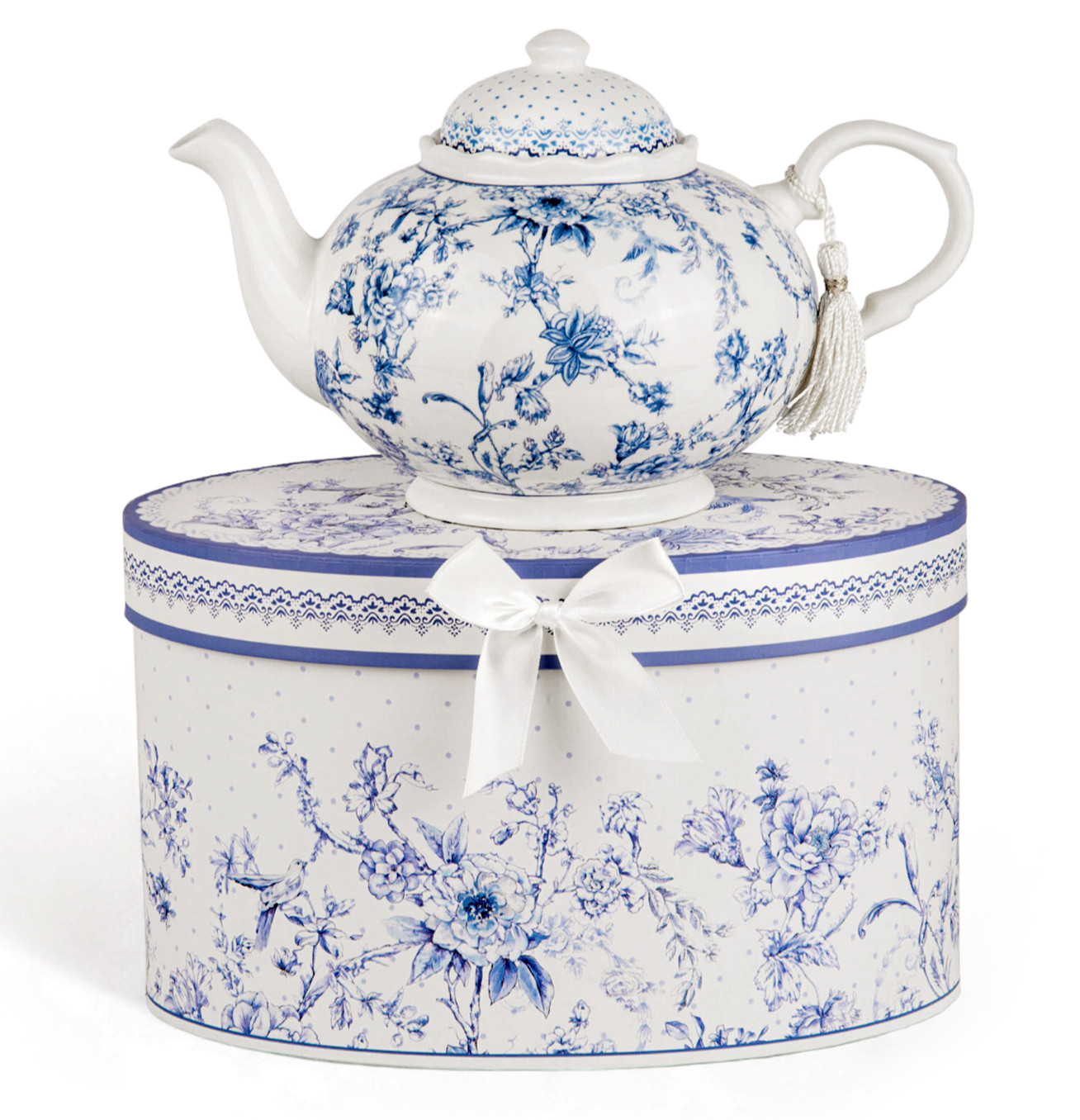 1-qt Blue Flowers Bone China Teapot in Gift Box Blue and White Porcelain Tea Pot