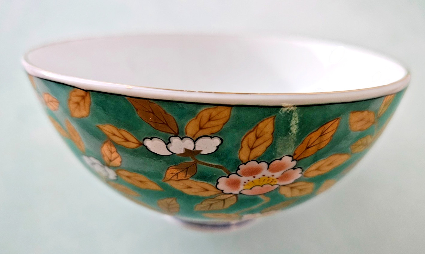 Pair Japanese Tea/Rice Bowls Arita Ware Cloisonne\' Camellia Pattern Mark Bottom