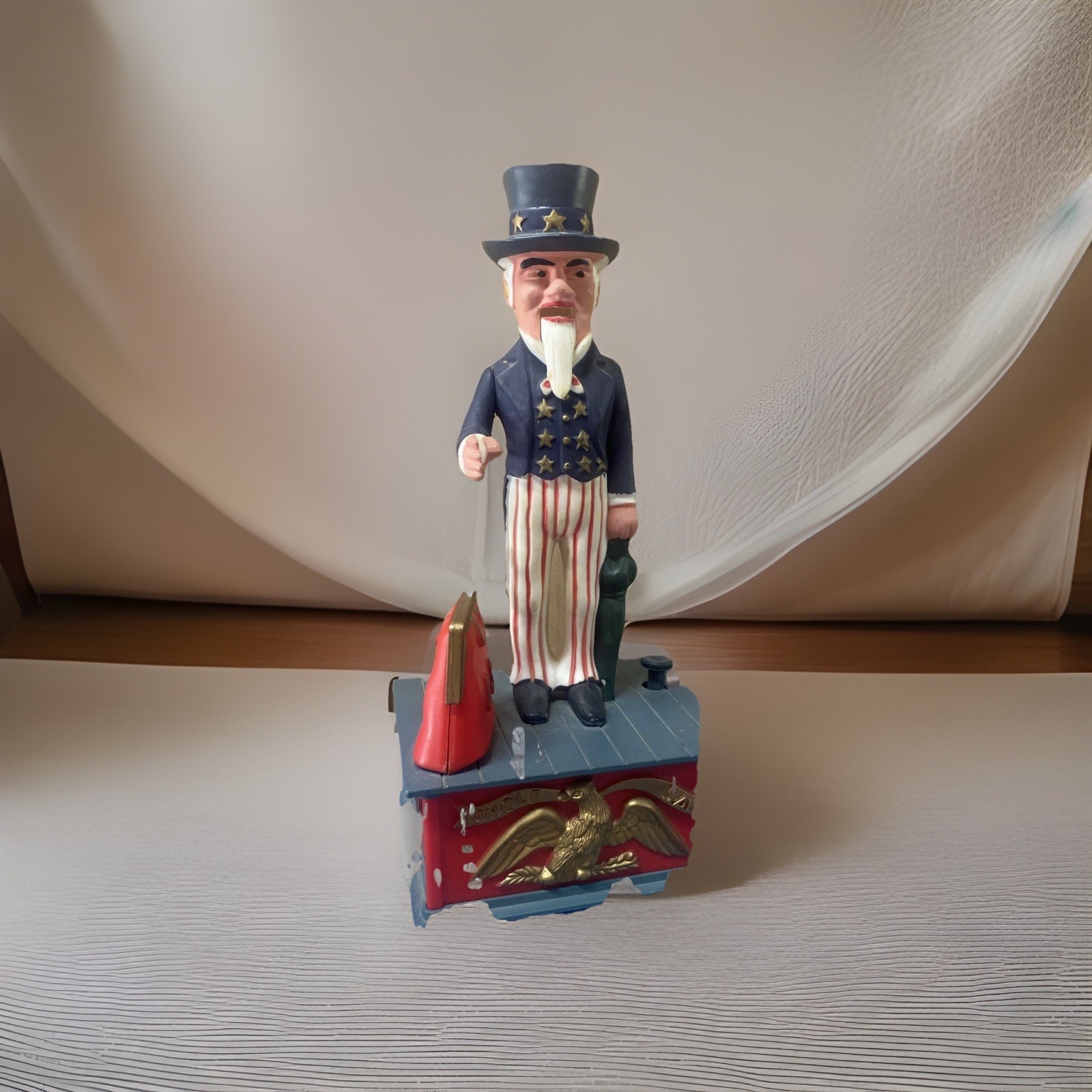 Vintage Uncle Sam Mechanical Coin Bank Plastic Patriotic Americana Toy Bank