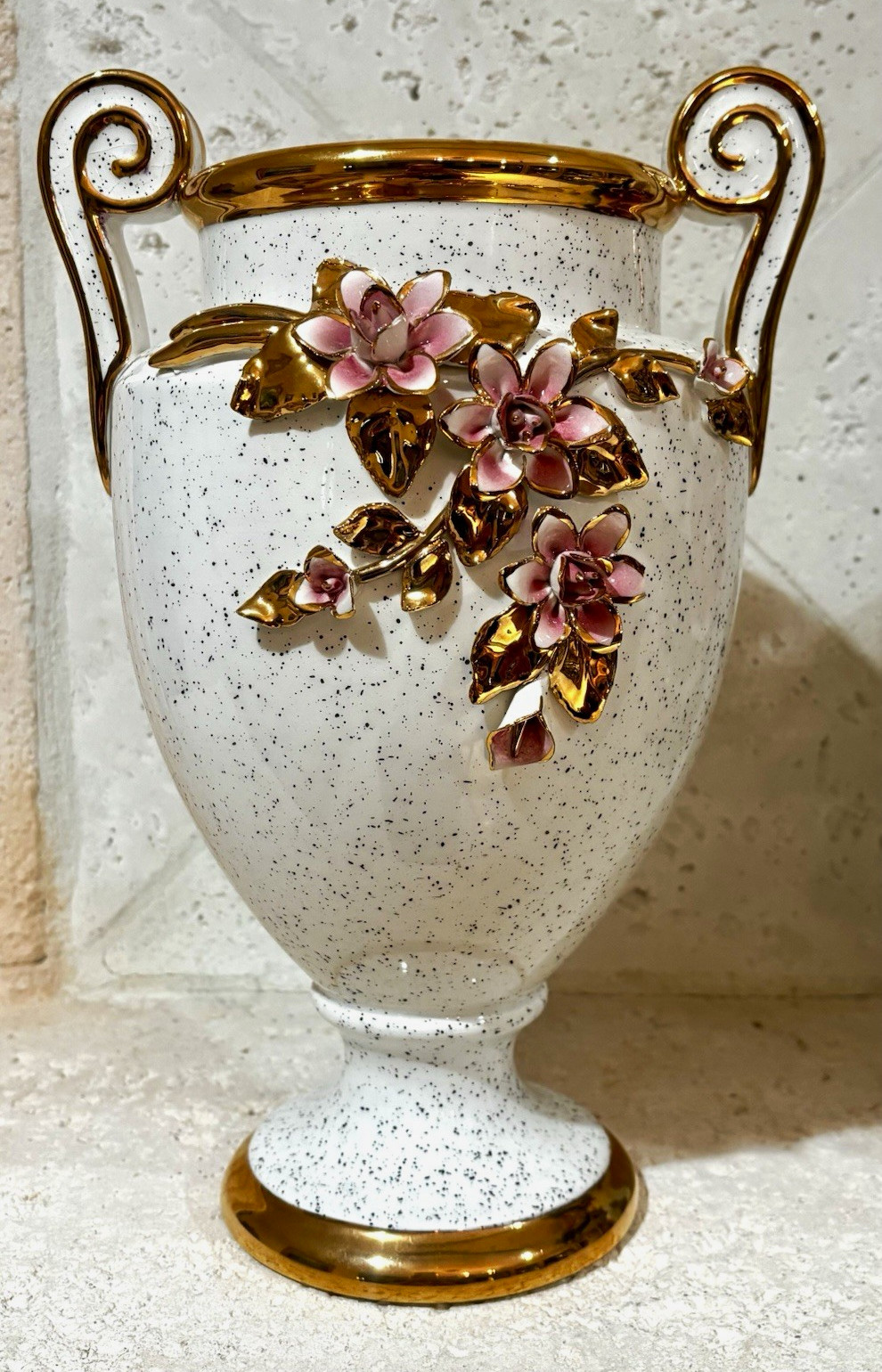 Arribas Brothers Spain Porcelain Floral Urn Vase Large Gold Gilt has small chip Arribas Brothers Spain Porcelain Floral Urn Vase Large Gold Gilt has small chip