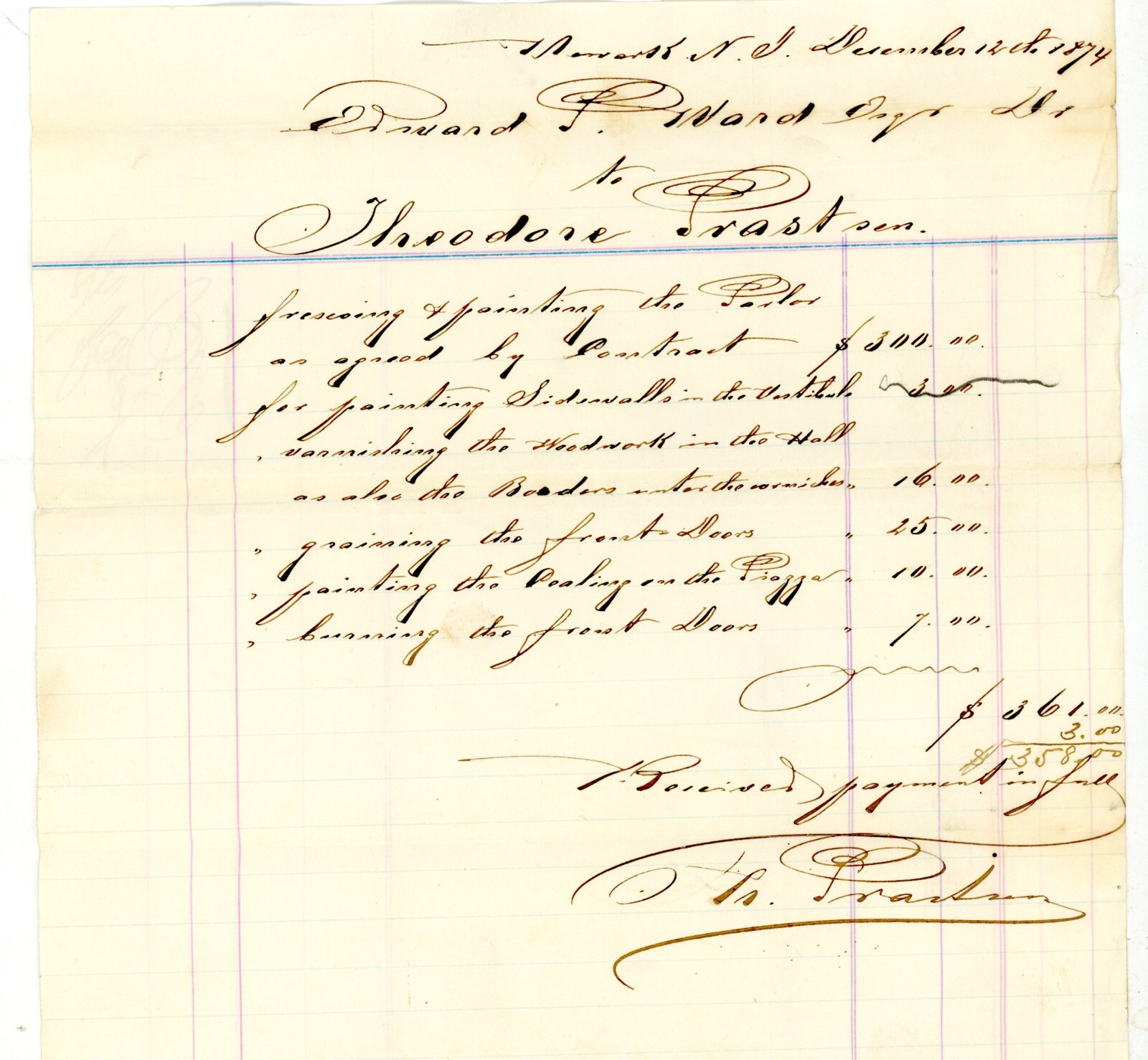 1874 Handwritten Invoice for Painting Services by signed Th Preslin Newark, NJ