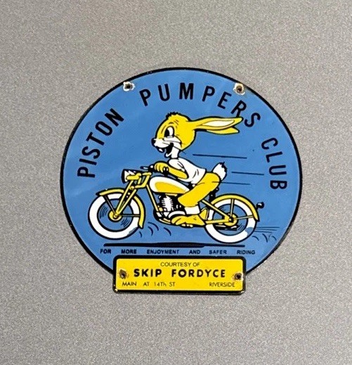 VINTAGE PISTON PUMPERS CLUB BICYCLE PORCELAIN SIGN CAR GAS OIL TRUCK MOTORCYCLE