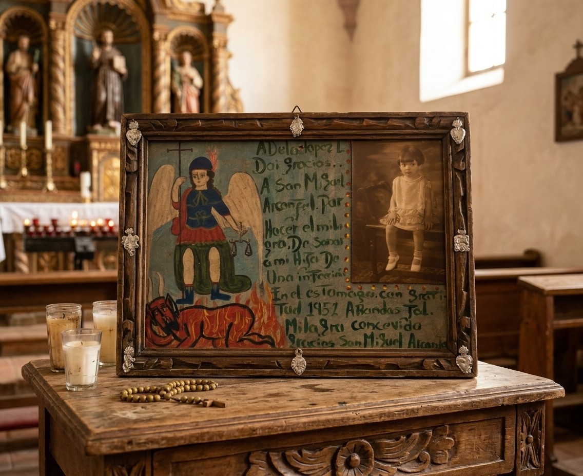 San Miguel Arcángel 1952 Vintage Mexican Ex Voto Cure w/ Photo 12 in