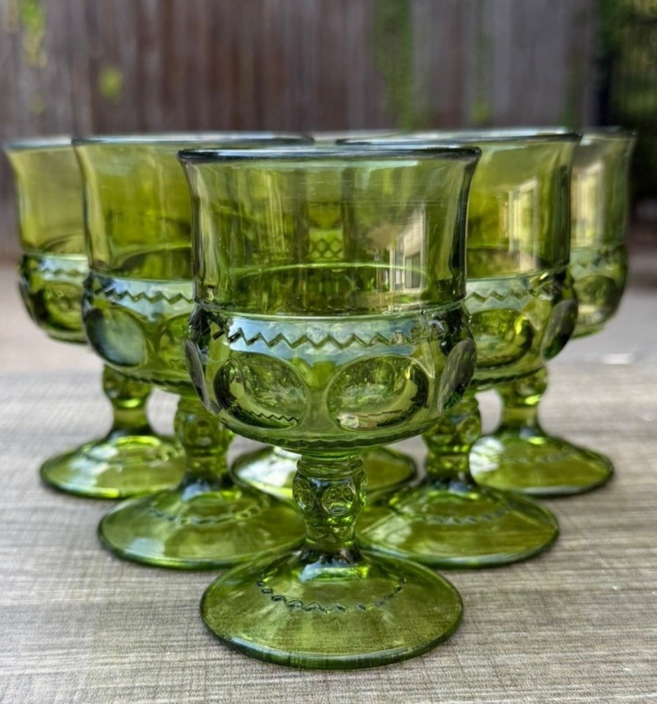 Vintage Indiana Glass King’s Crown Olive Green Wine Goblets Set of 6