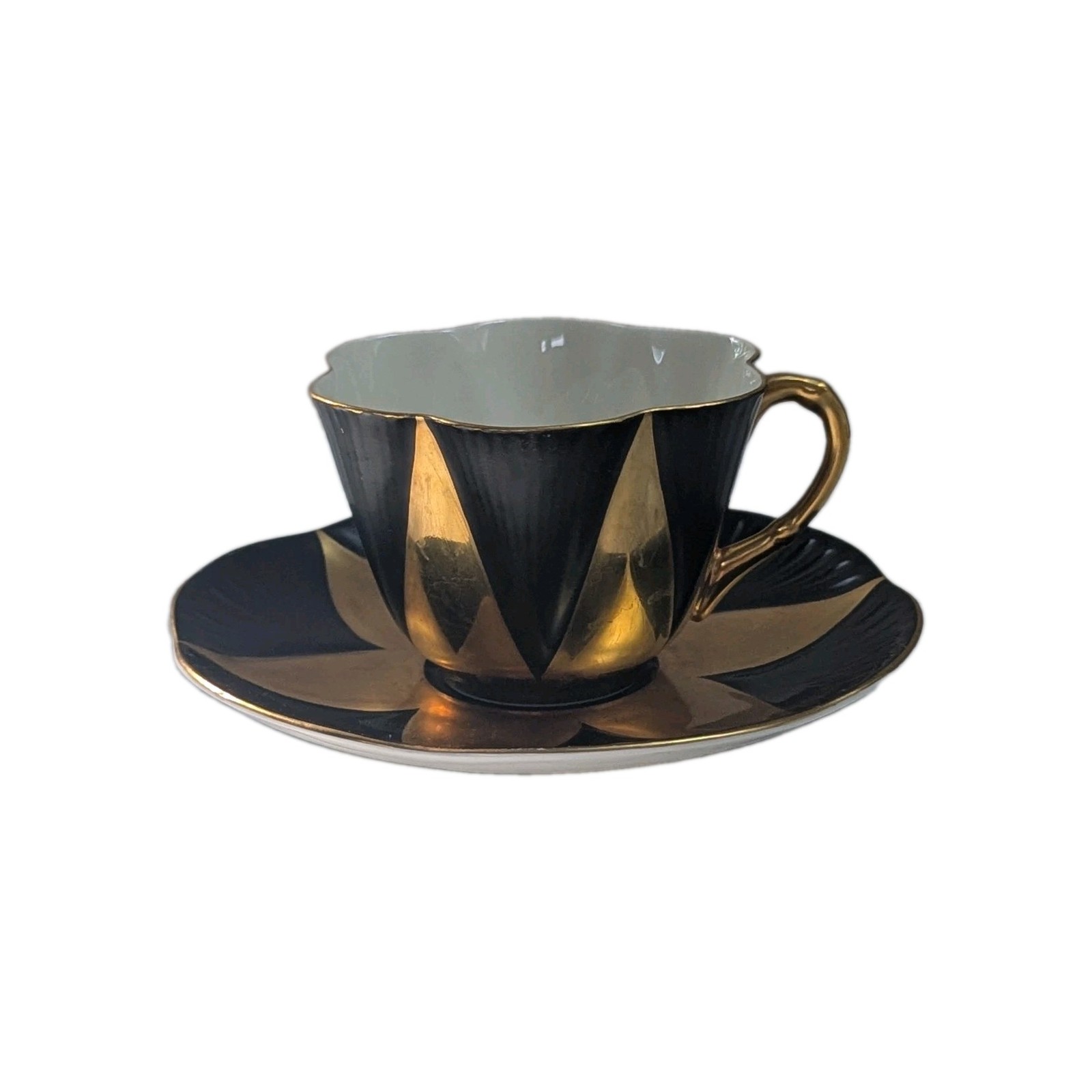 Shelley England Fine Bone China Black & Gold Harlequin Tea Cup & Saucer Vintage