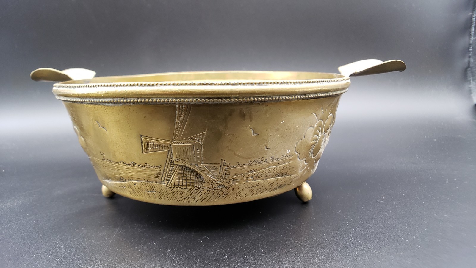 Antique Dutch Friesche Koper Kunst Klaas Dijkstra Brass Windmill Footed Bowl