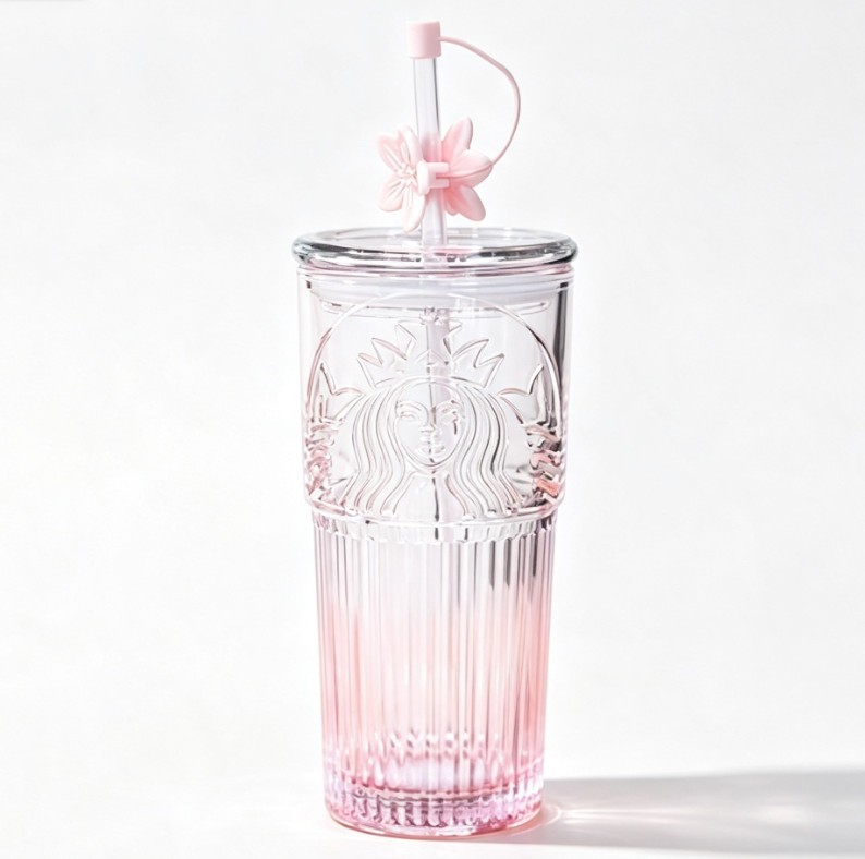 Starbucks Pink Gradient Ribbed Glass Tumbler 18.6oz Sakura Straw Topper Cold Cup