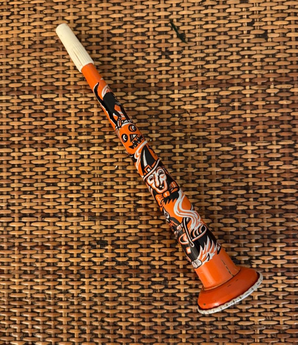Vintage 1940s 1950s Us Metal Toy Mfg Co Halloween Horn Noisemaker Tin Witch