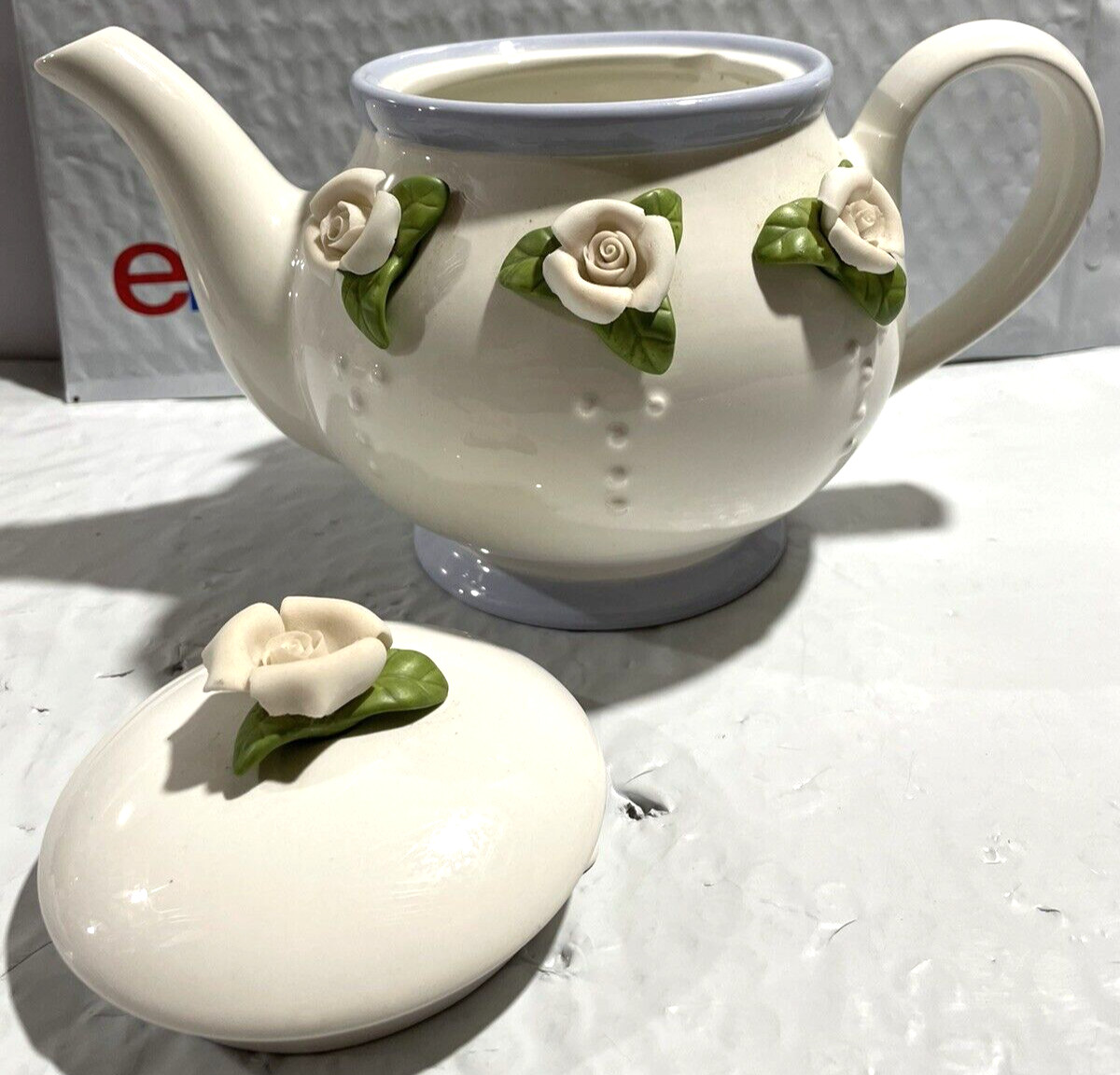 Teleflora White Teapot with Pink Roses Large Tea Pot 6-1/2 Teleflora White Teapot with Pink Roses Large Tea Pot 6-1/2