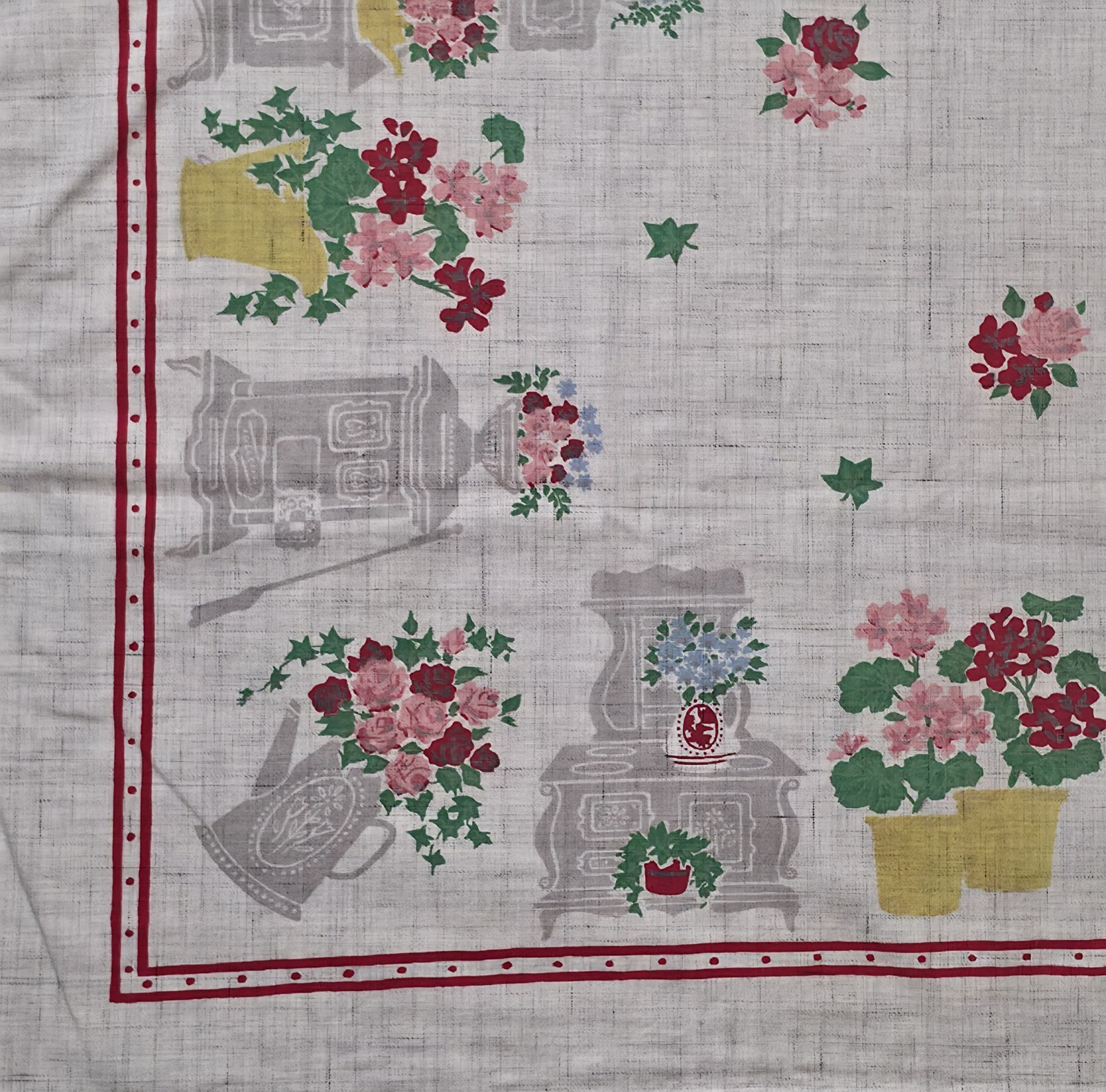 1950s SIMTEX Hand Printed Tablecloth Geraniums Wood Stove 42x48 Memories Vintage 1950s SIMTEX Hand Printed Tablecloth Geraniums Wood Stove 42x48 Memories Vintage