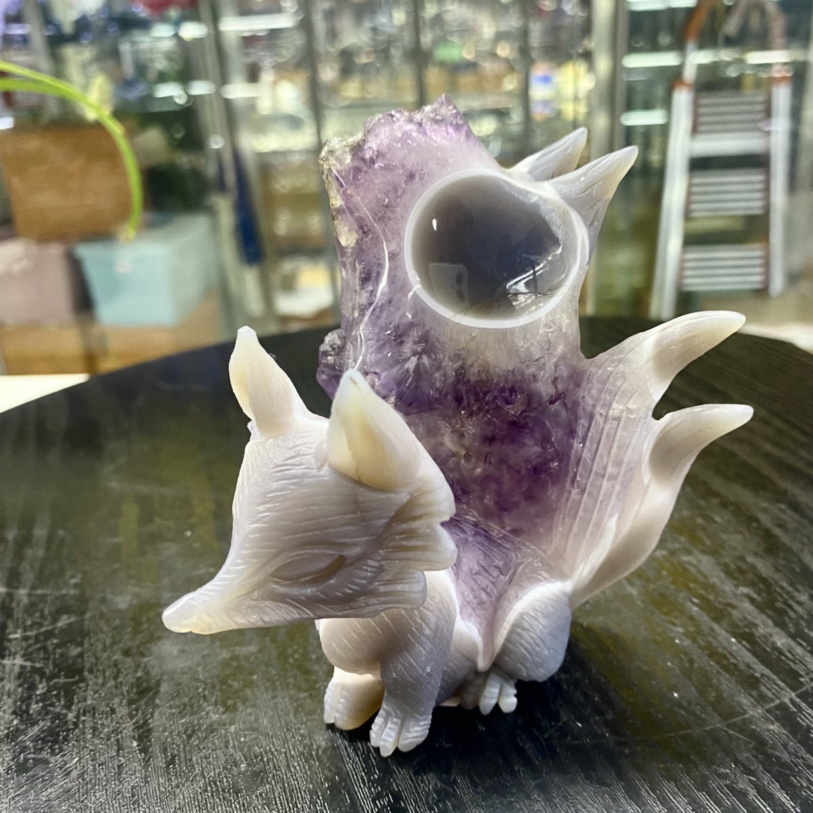 412G Natural Agate Geode Hand Carved Nine-tailed Fox Quartz Crystal Decor
