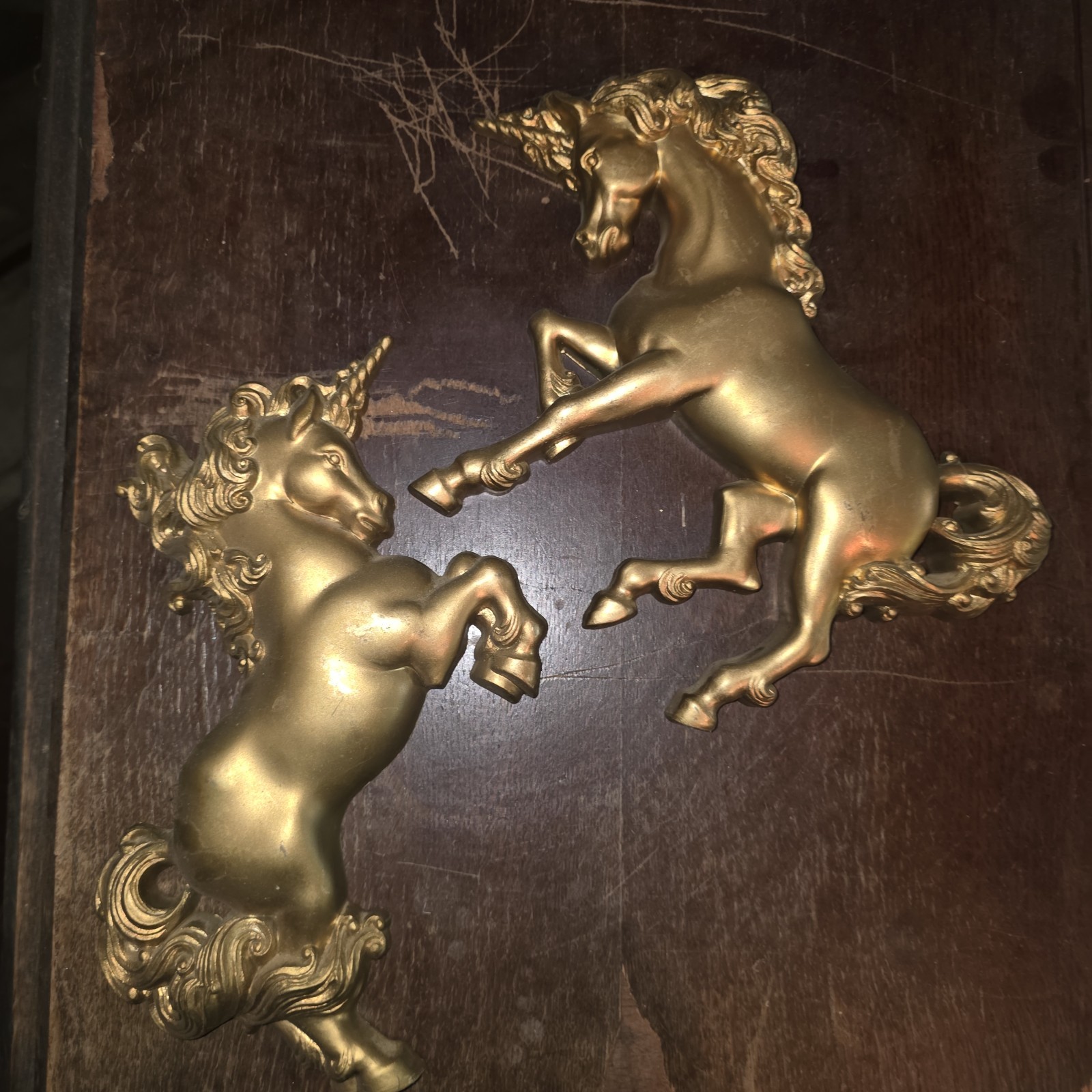 Vtg. Burwood Gold Unicorn Wall Plaques & Matching Shelf Set - 3pc Hollywood Reg.