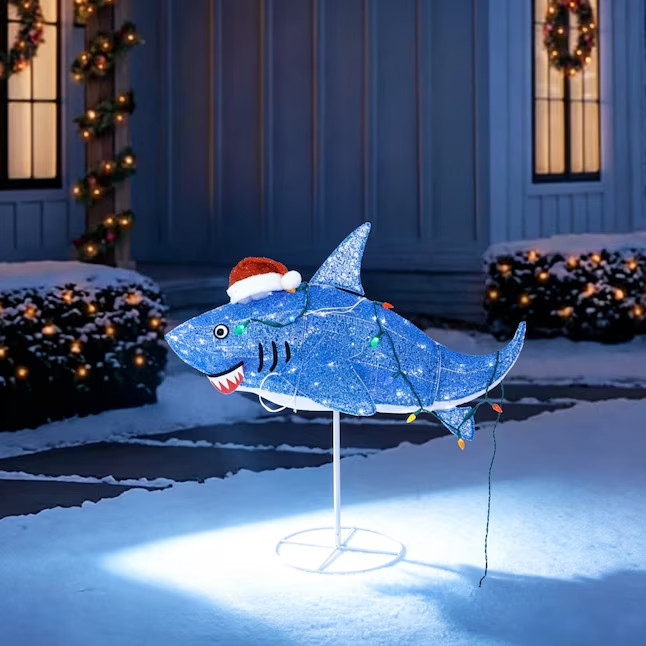 3 FT LED SHARK IN SANTA HAT TINSEL LIGHTED OUTDOOR YARD DECOR 3 FT LED SHARK IN SANTA HAT TINSEL LIGHTED OUTDOOR YARD DECOR