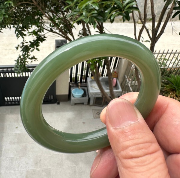 Certificate Natural Hetian Jade Lake Green Round Bar Bangle Bracelet 55mm