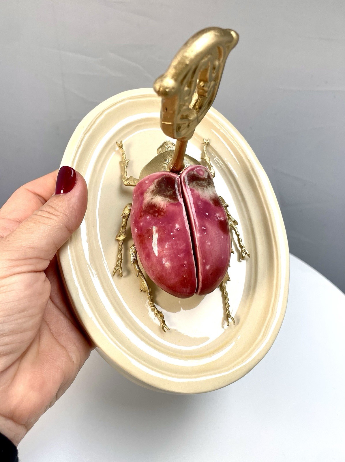 Ceramic Beetle Figurine Turquoise Gold Cream Glossy Hand Painted Modern