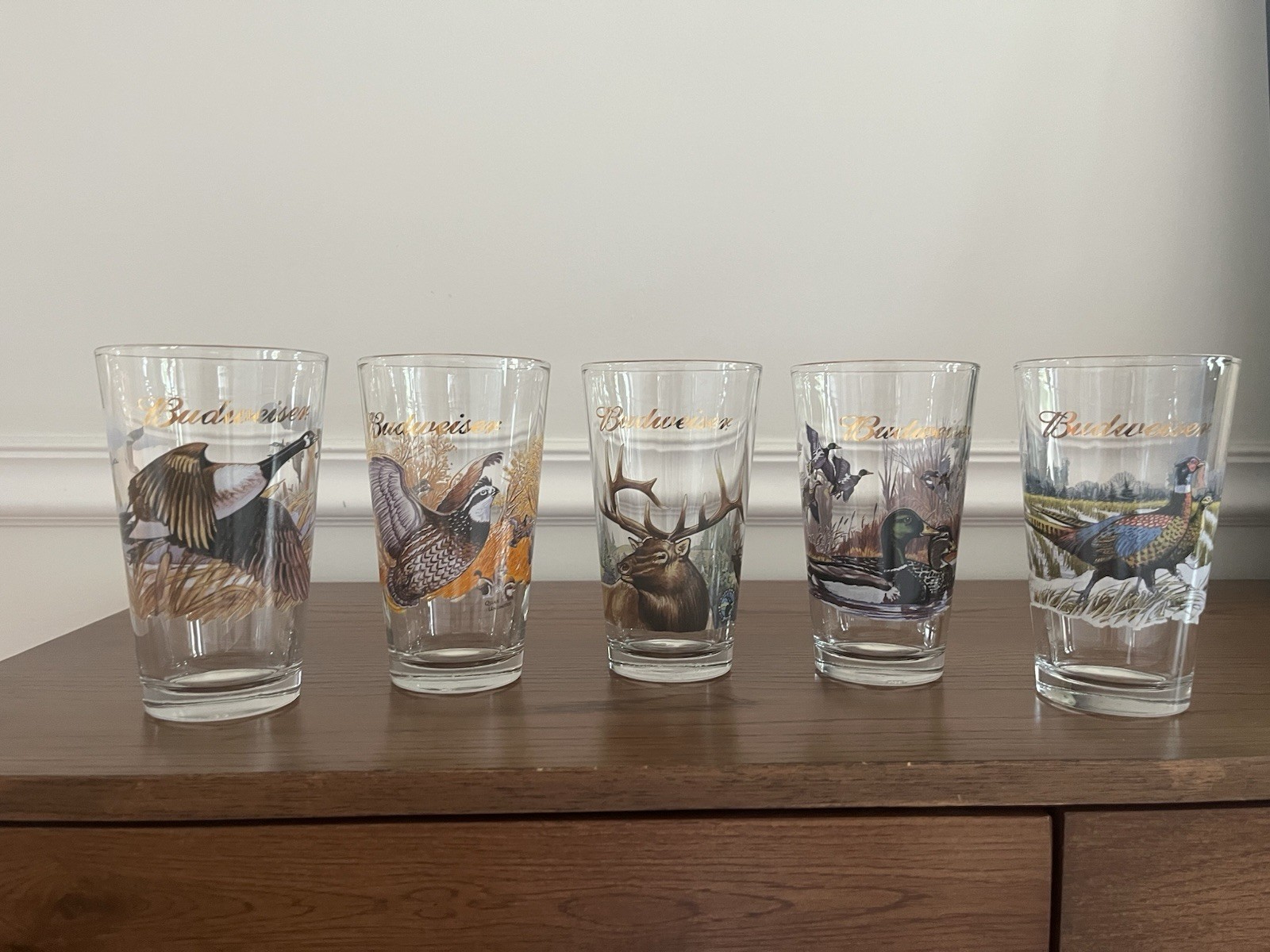 Set Of 5 Vintage 1999 Budweiser Wildlife Series Beer Glasses Elk Quail Pheasant