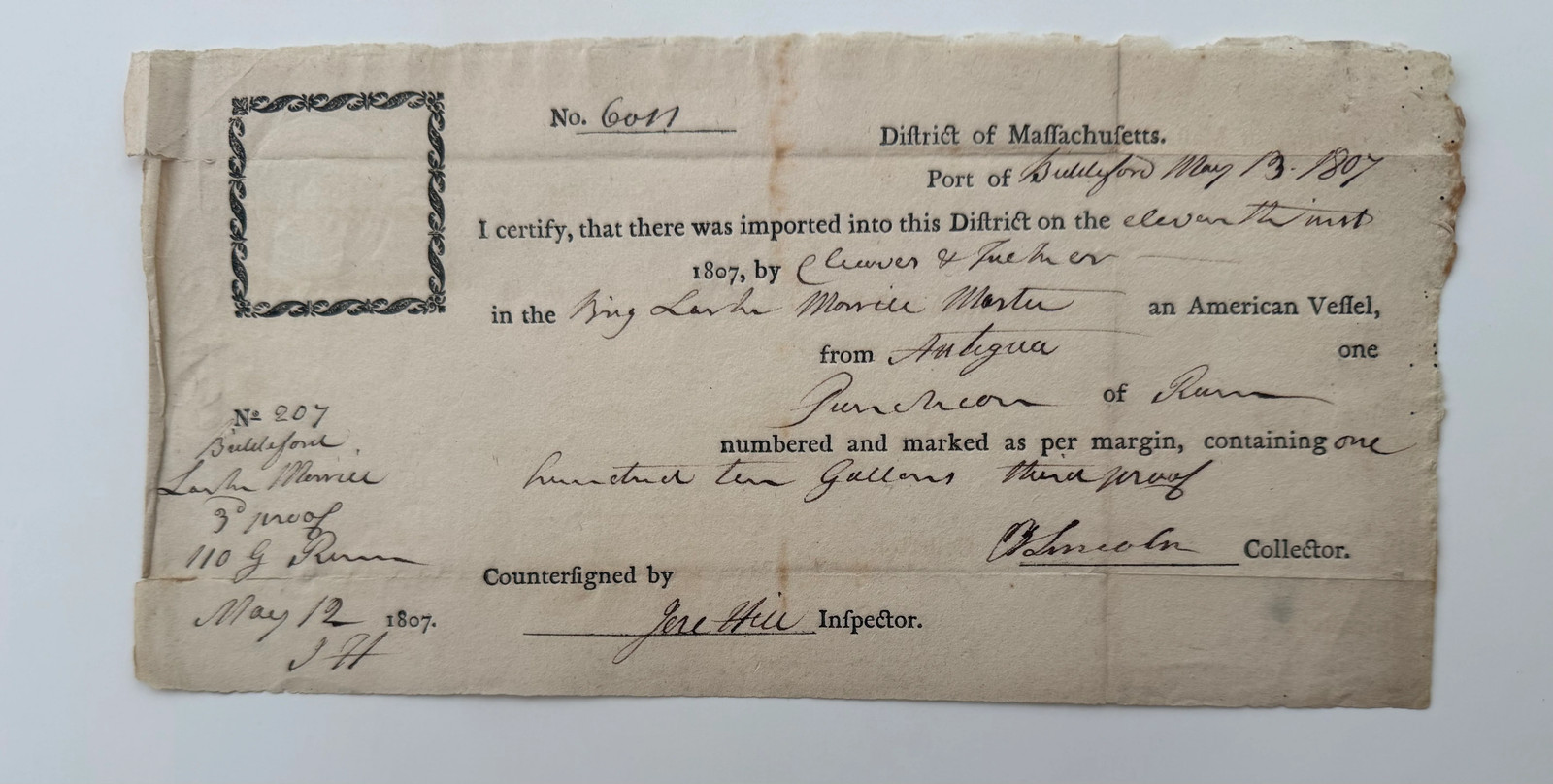1807 U.S. Customs Import Certificate – Port of Duxbury, Massachusetts – Antigua