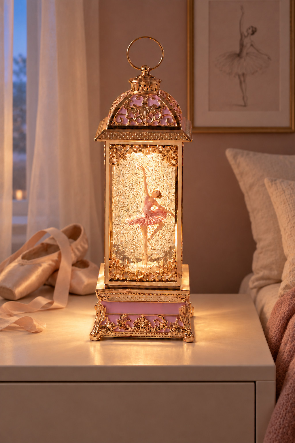 Rotating Music Box Lighted Water Lantern Glitter Globe Spinning Ballerina