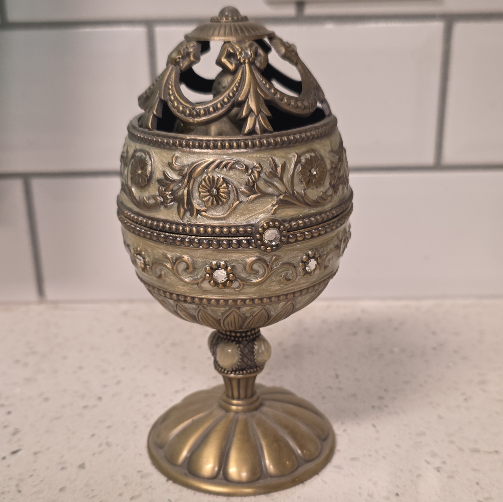 Vintage Pedestal Music Box Ornate Egg Embellished Rhinestones Angel Inside Works Vintage Pedestal Music Box Ornate Egg Embellished Rhinestones Angel Inside Works