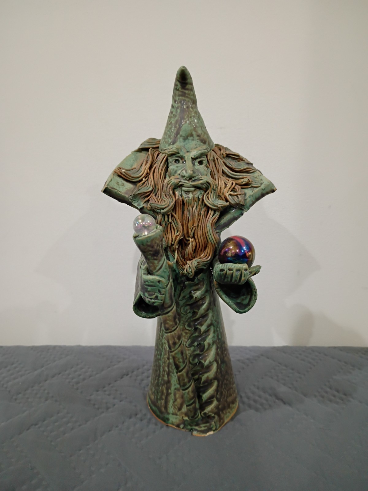 Vintage Ceramic Wizard Sorcerer Figurine with Crystal Balls & Green Glaze