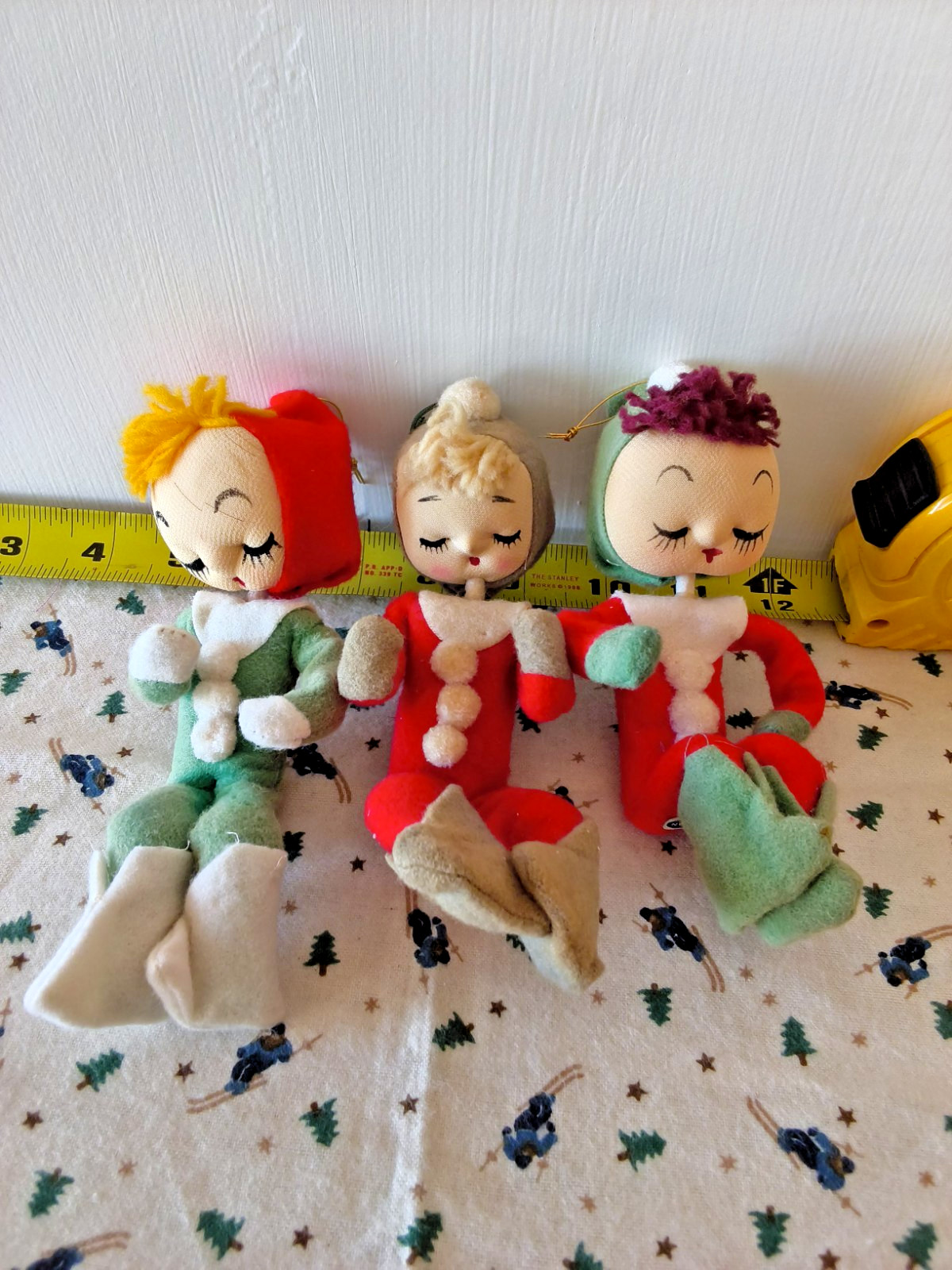 Vintage 1950's Japan Felt Pixie Elf Christmas Ornaments Trio Stockinette Stick Vintage 1950's Japan Felt Pixie Elf Christmas Ornaments Trio Stockinette Stick