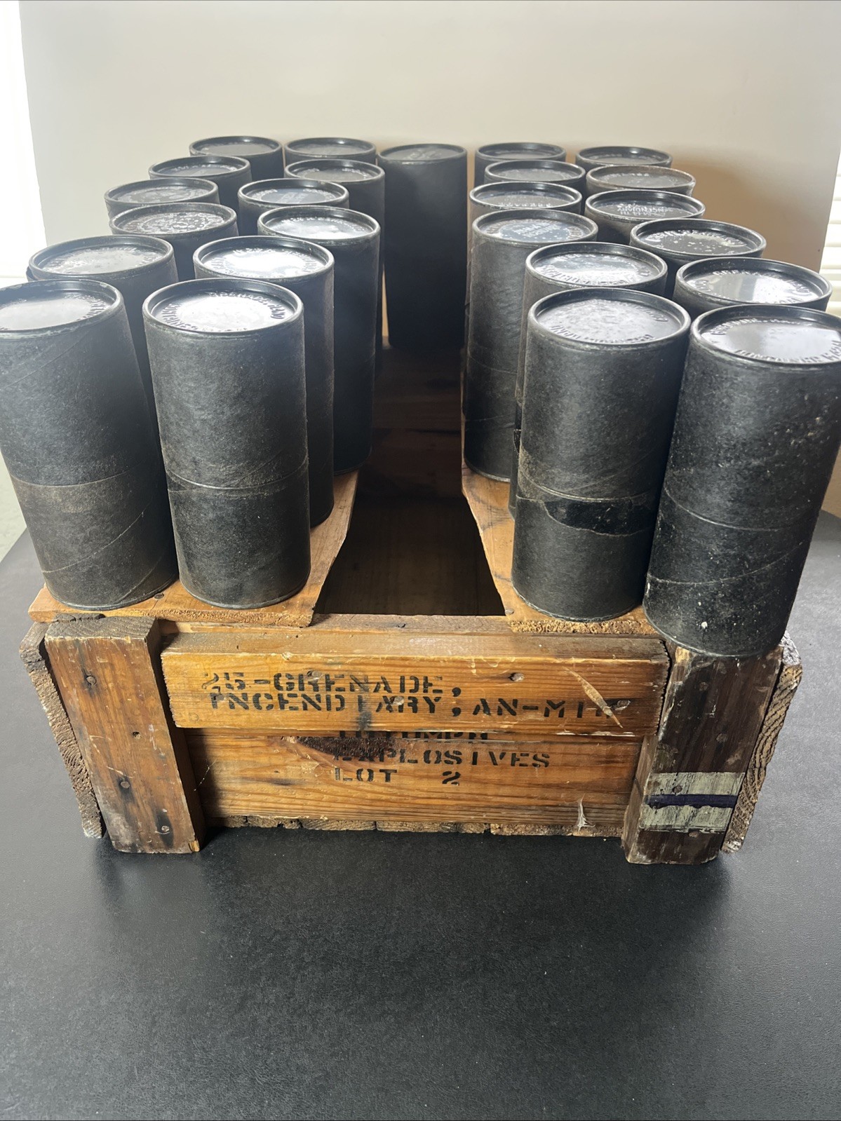 WWII US Hand Grenade 25 Empty Containers AN-M-14 TH Incendiary & Wooden Crate