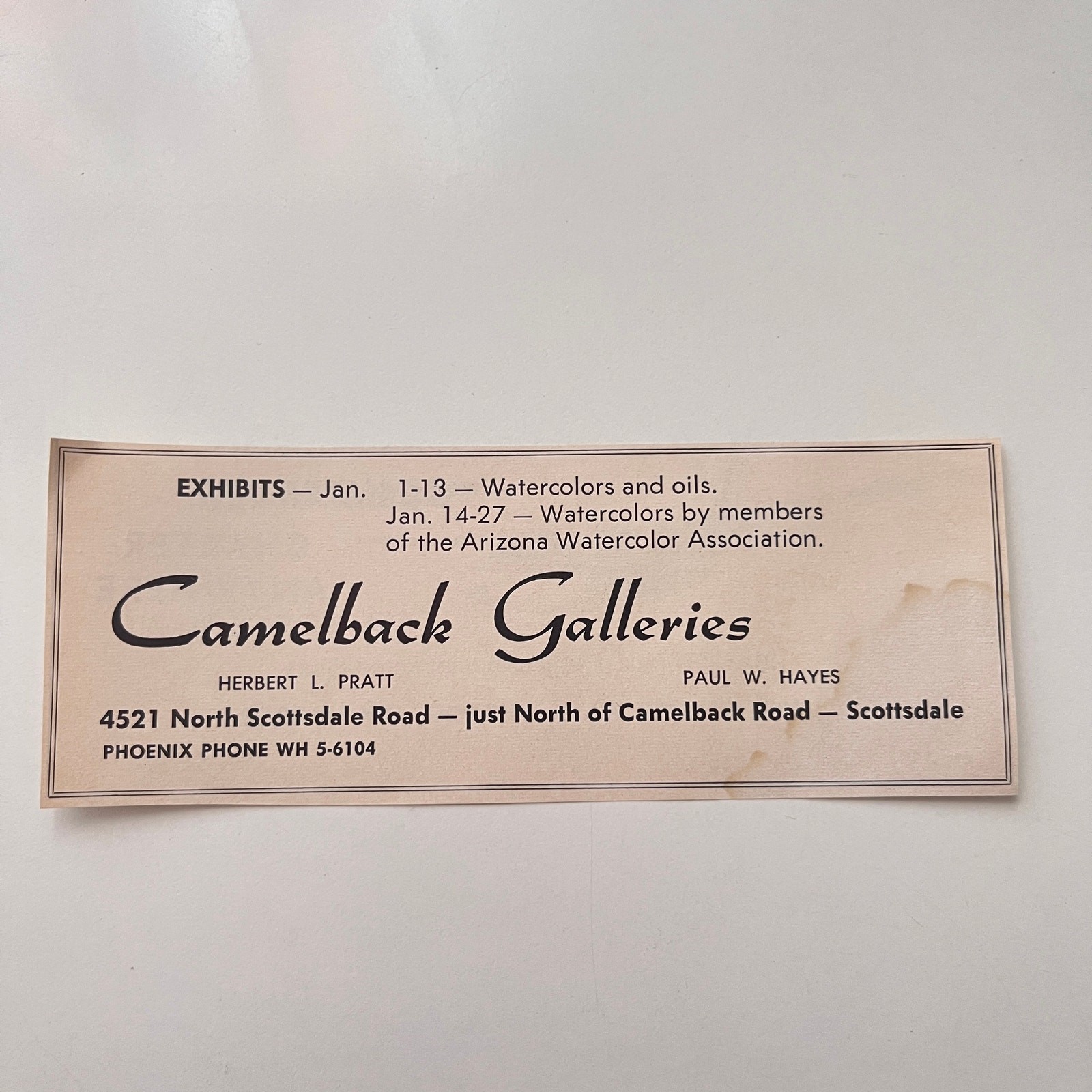 Camelback Galleries Herbert L. Pratt Paul W. Hayes Phoenix 1962 AZ Ad SAK1-M12