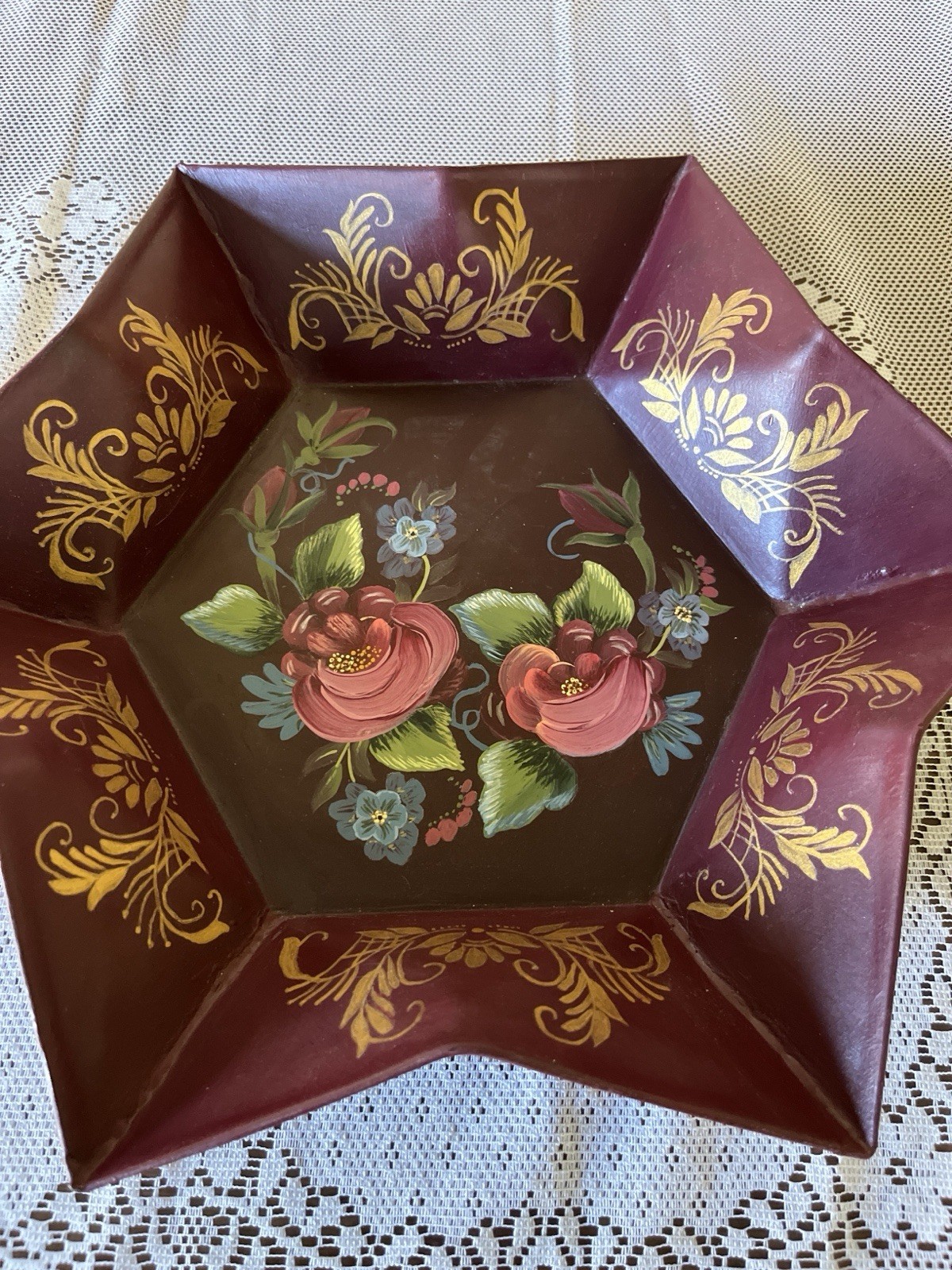 Vintage Hand Painted Tole Painted Metal Bowl Tray Beautiful Vintage Hand Painted Tole Painted Metal Bowl Tray Beautiful