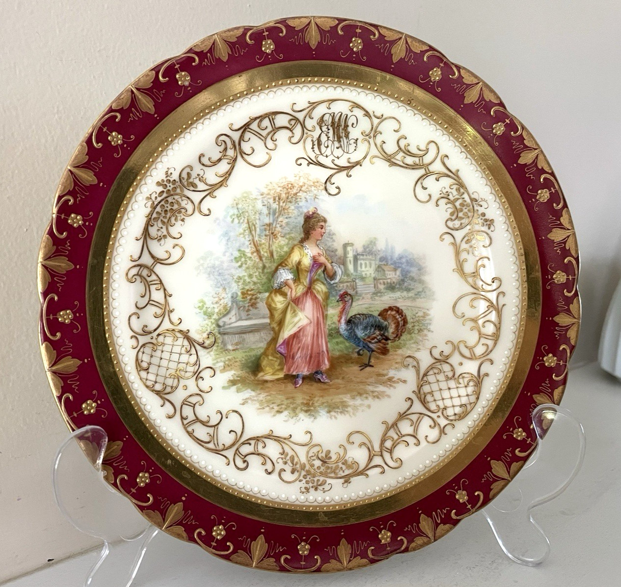 Rare Atq Ambrosius Lamm Dresden Plate Monogram Jeweled Gold Encrusted 7 3/4 Rare Atq Ambrosius Lamm Dresden Plate Monogram Jeweled Gold Encrusted 7 3/4